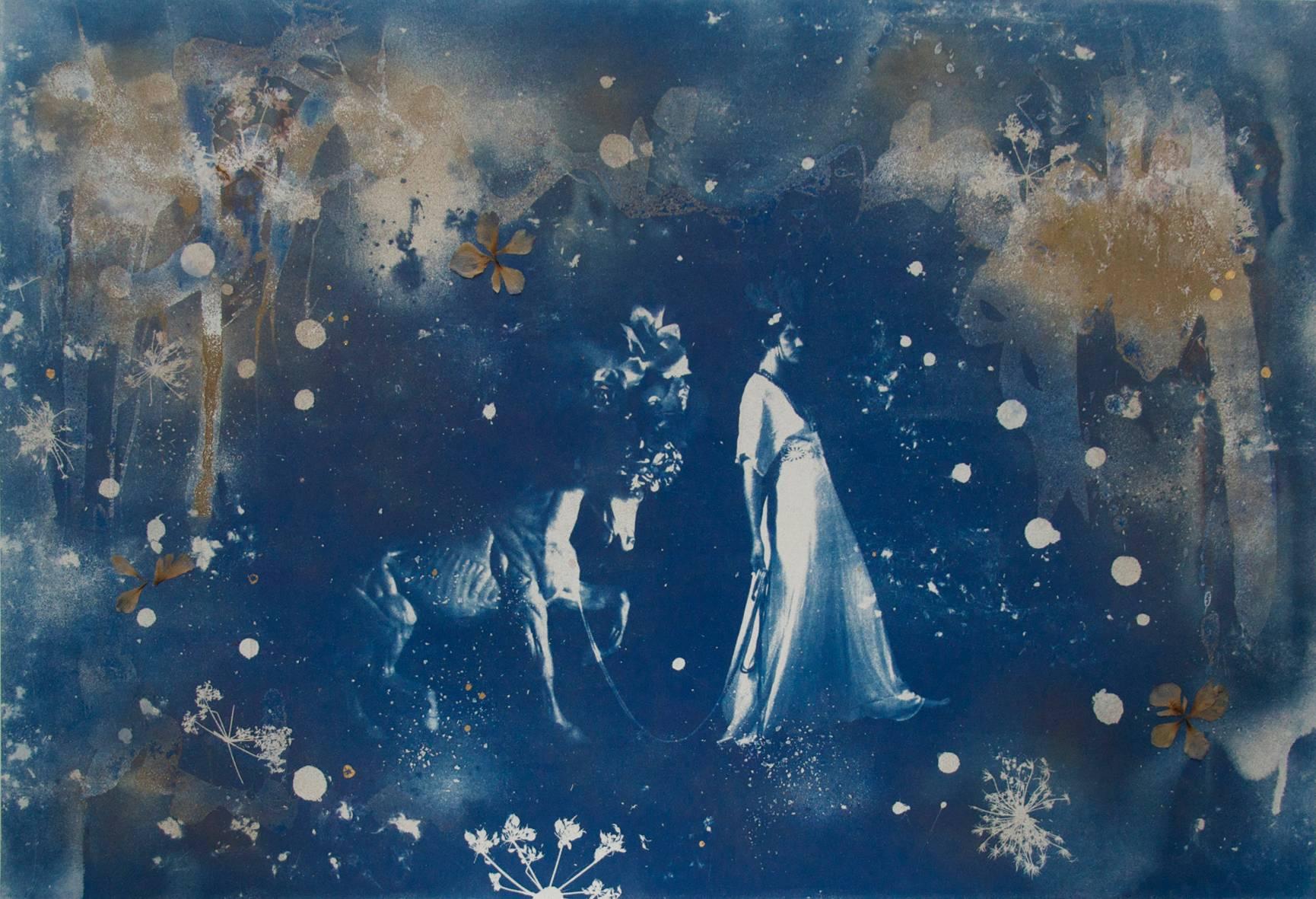 Parade, hand-finished cyanotype on paper, with pressed flowers and gold leaf