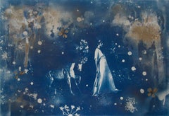 Parade, hand-finished cyanotype on paper, with pressed flowers and gold leaf