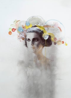 Ophelia # 4, hand painted mixed media portrait photography on paper, framed