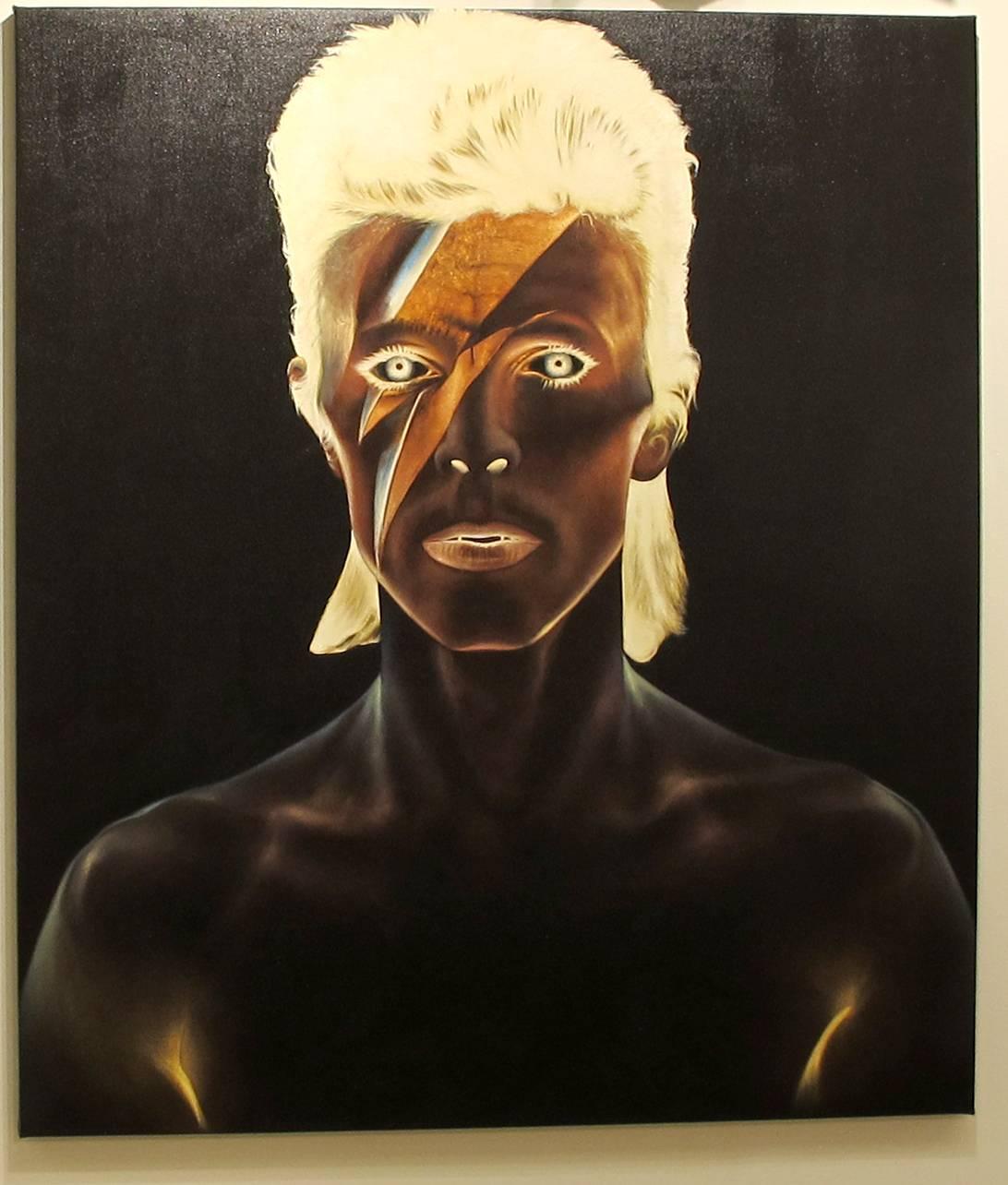 David Bowie, Oil on canvas, portrait of the rockstar, black background - Painting by KARTEL