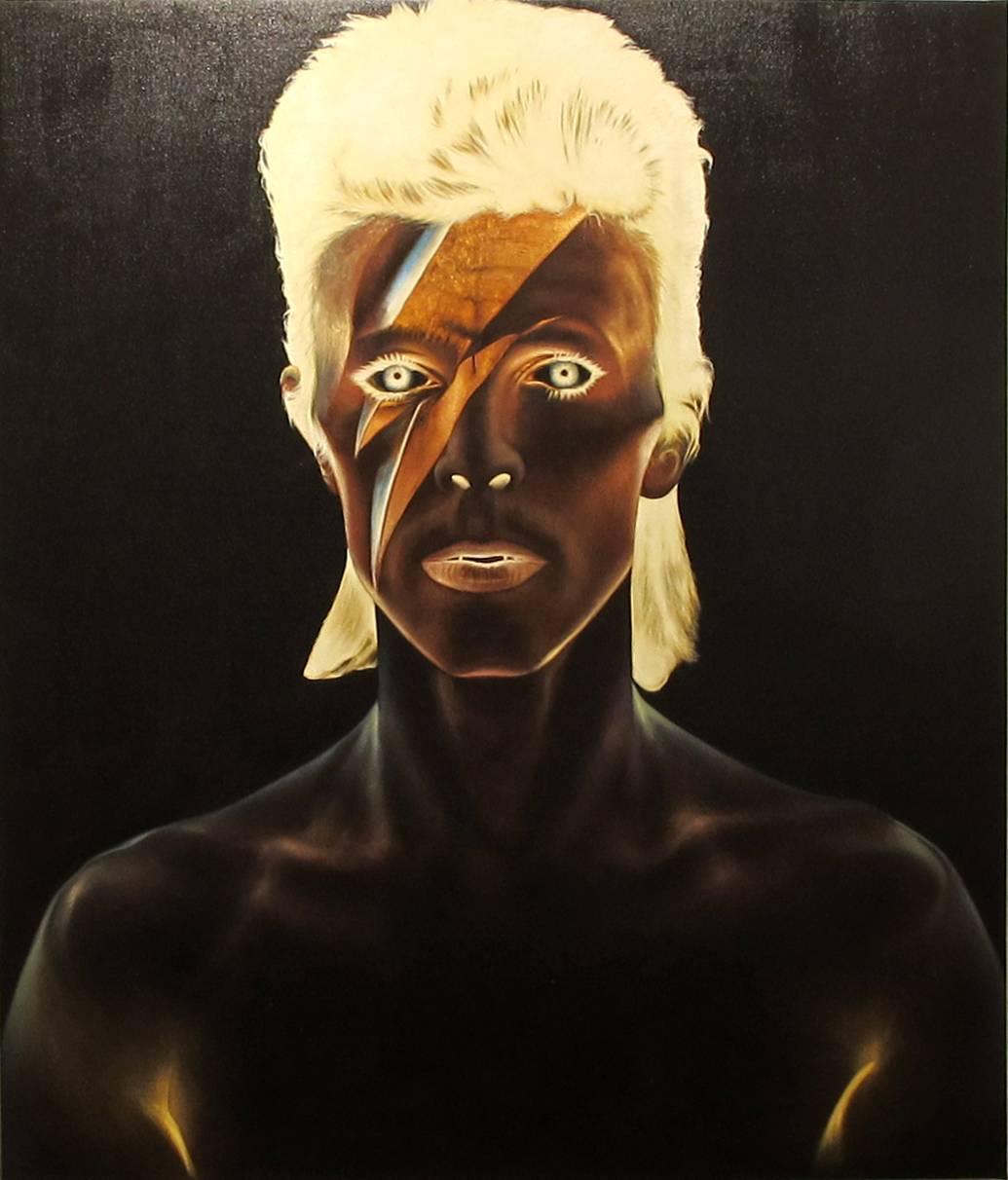 KARTEL Figurative Painting - David Bowie, Oil on canvas, portrait of the rockstar, black background