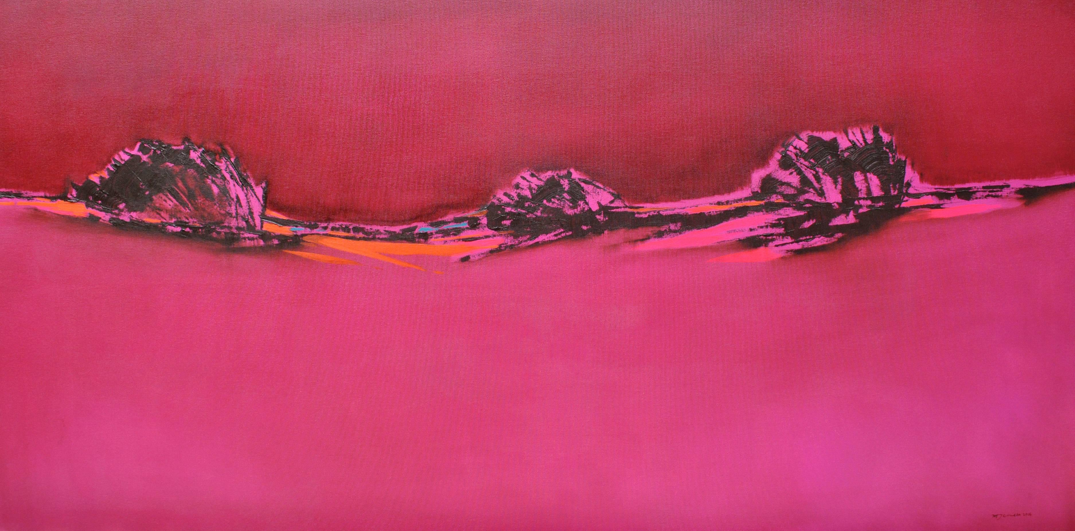 Pink Blazing - Homage to Patagonia, abstract landscape oil bright bold colors - Painting by Maria Jose Concha
