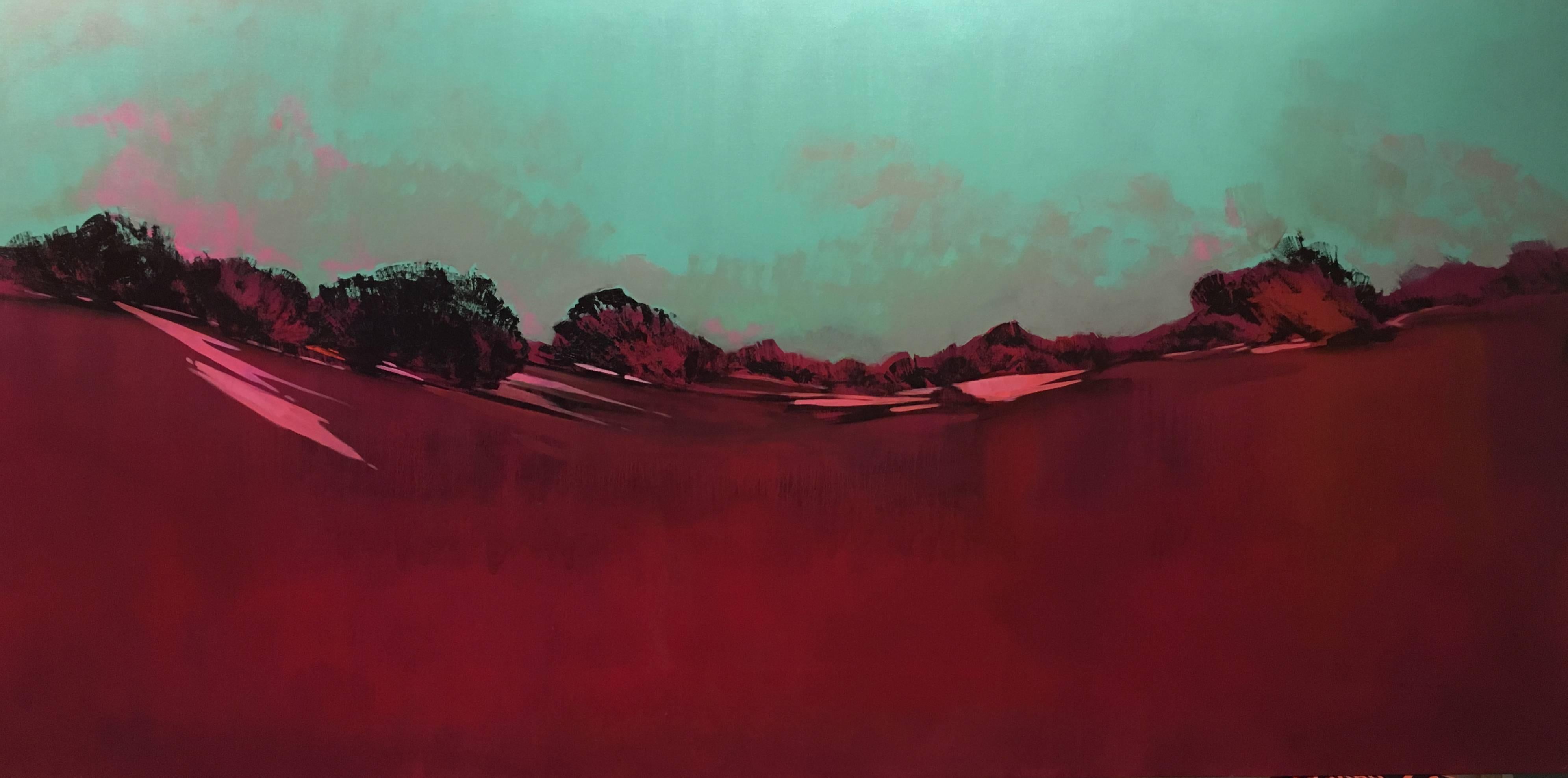 Geografia del color, Amanecer, pink and green abstract landscape, oil painting