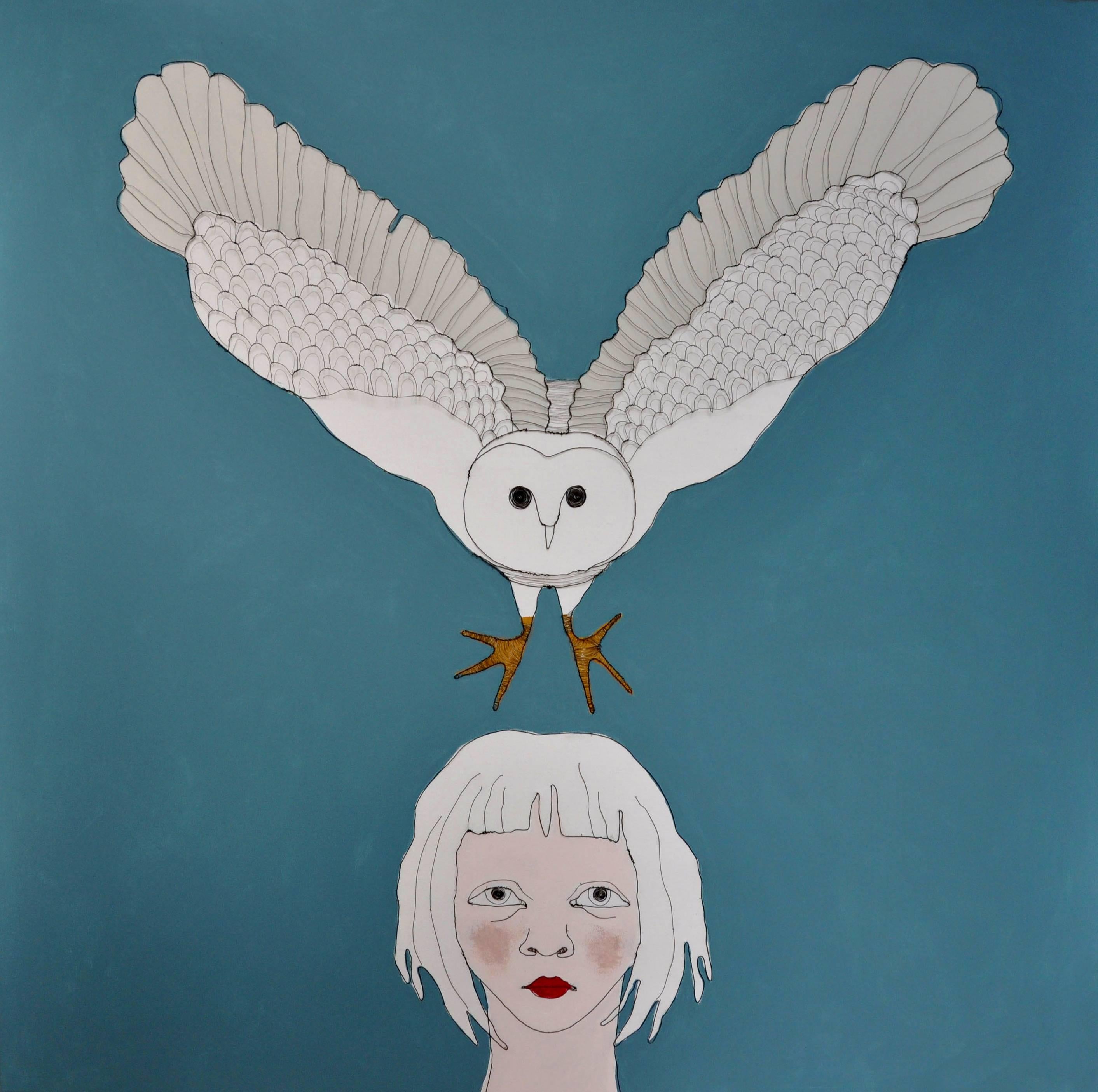 Child With Owl, blue wire and oil on canvas with white frame - sculpural art - Painting by Fiona Morley