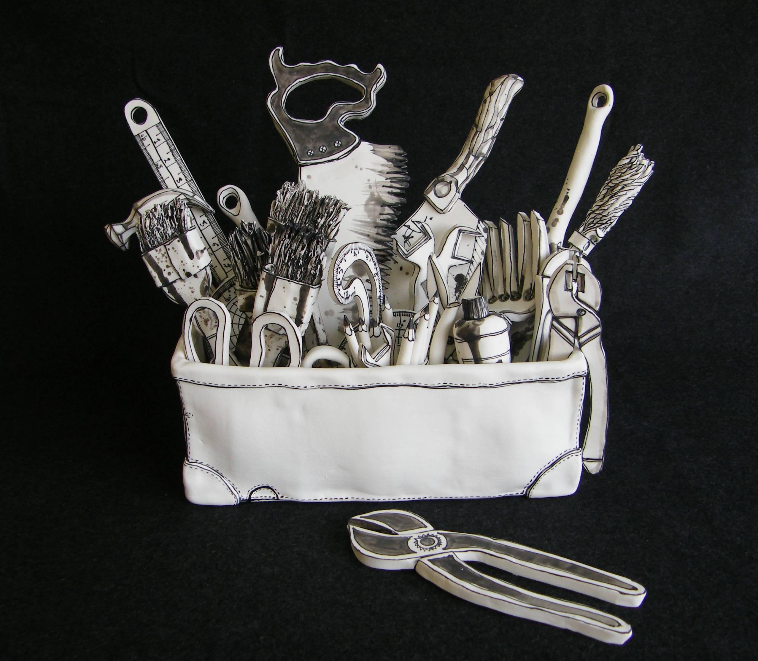 Katharine Morling Abstract Sculpture - "Toolbox", porcelain black and white sculpture installation w individual items