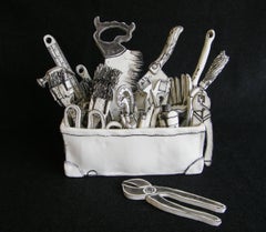 "Toolbox", porcelain black and white sculpture installation w individual items