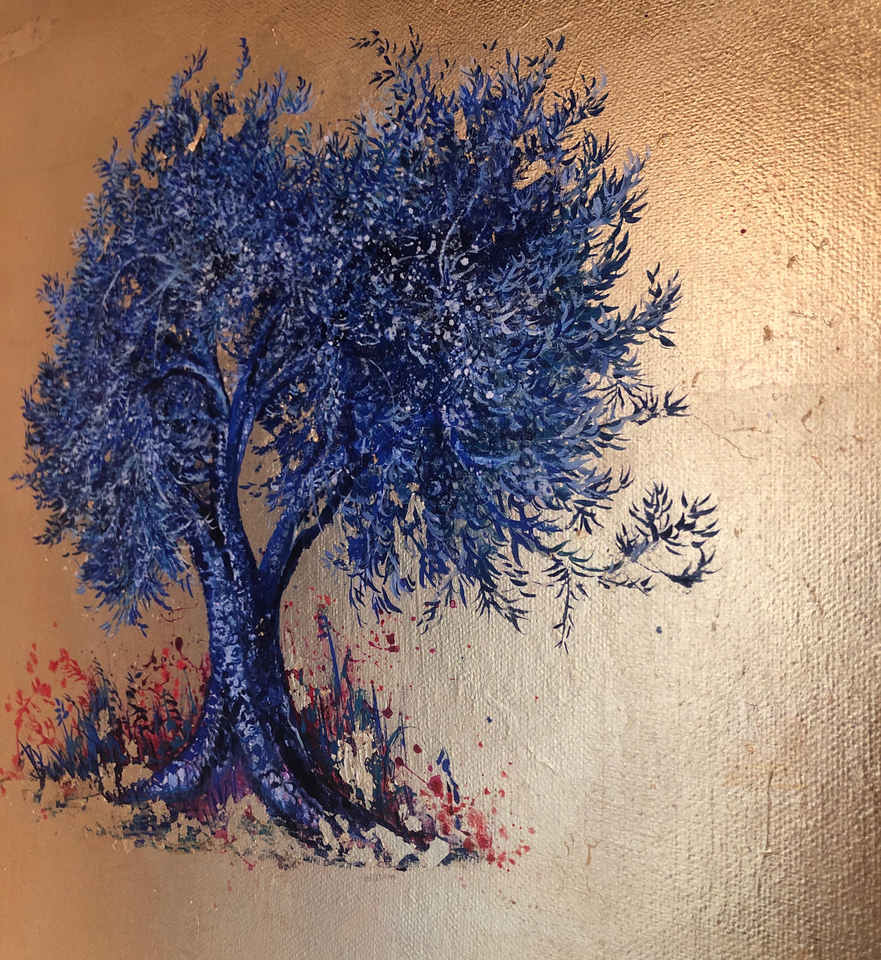 Indigo, Blossom Blue Tree, Contemporary Oil on Canvas Gold Leaf Painting  6