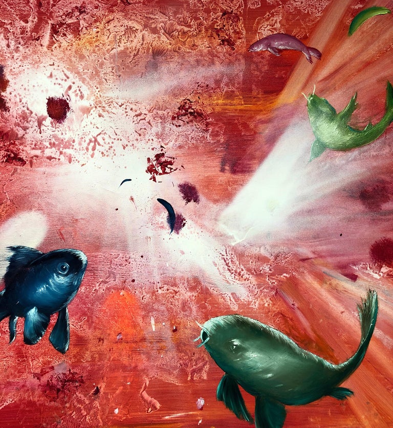 Leibniz Universe 15U - Contemporary and colorful underwater scene, Oil on canvas - Orange Animal Painting by Gian Marco Capraro