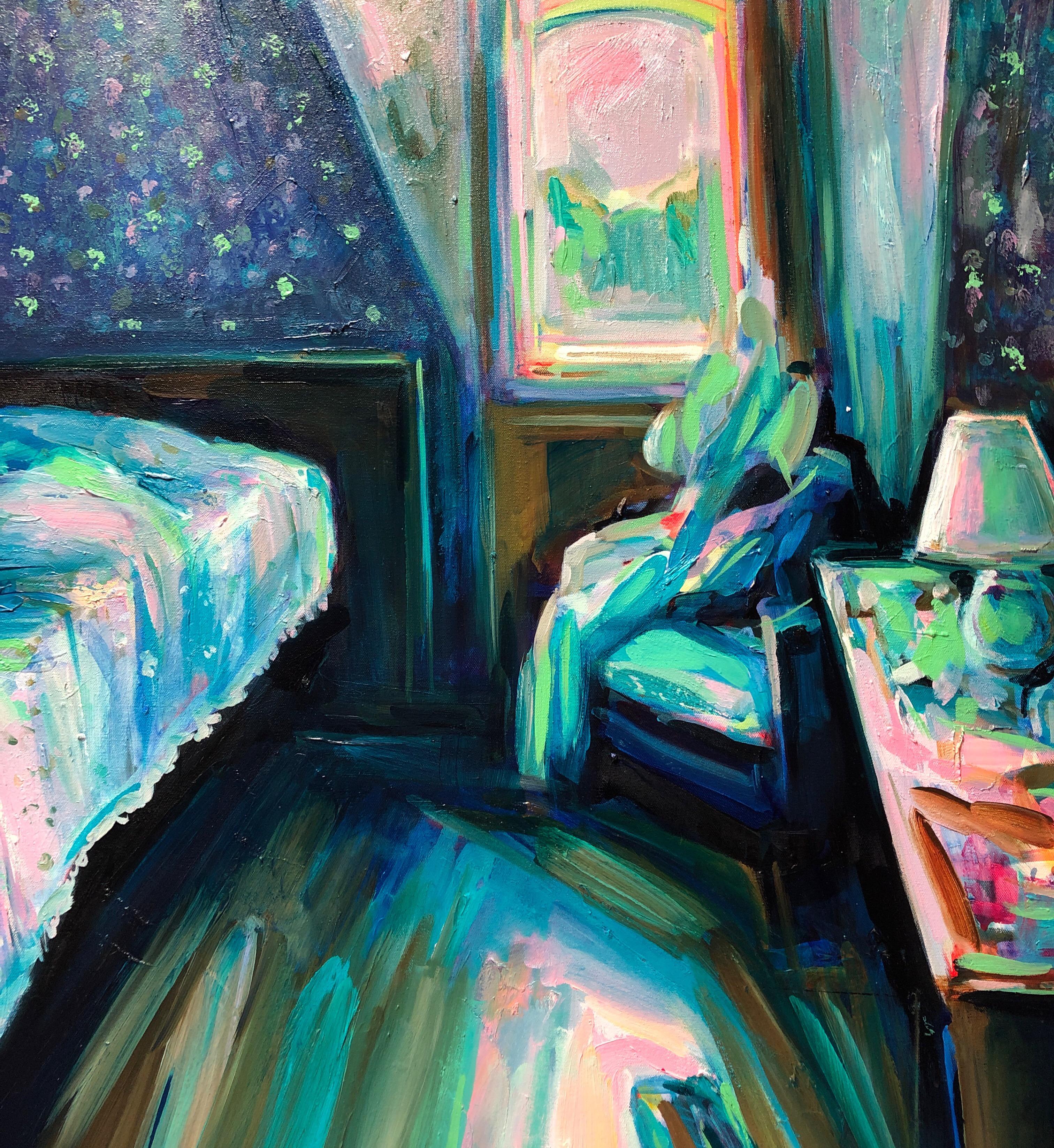 Summer Breeze, Bright & textured blue oil on canvas, interior bedroom painting - Contemporary Painting by Ekaterina Popova