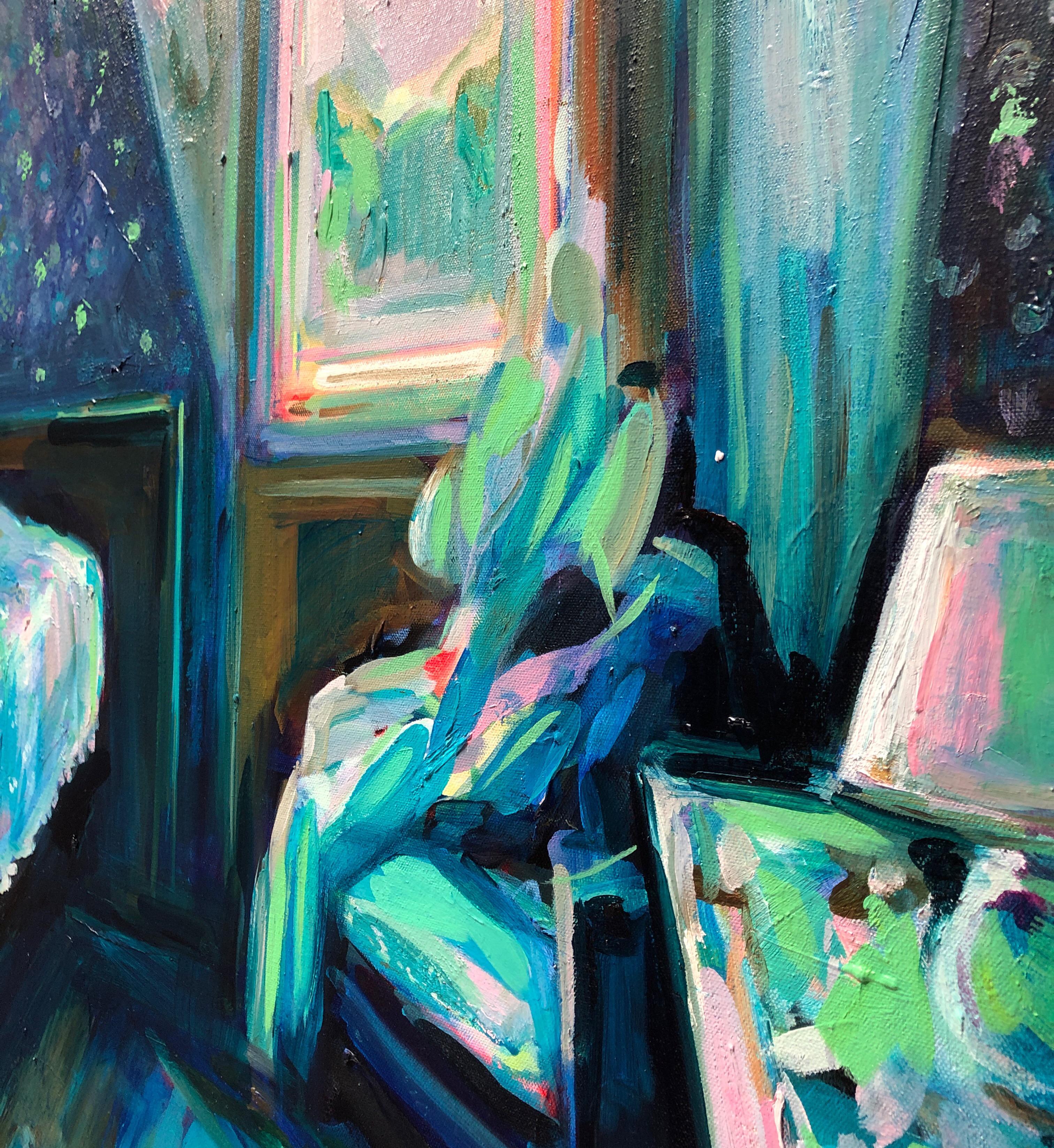 Summer Breeze, Bright & textured blue oil on canvas, interior bedroom painting - Blue Still-Life Painting by Ekaterina Popova