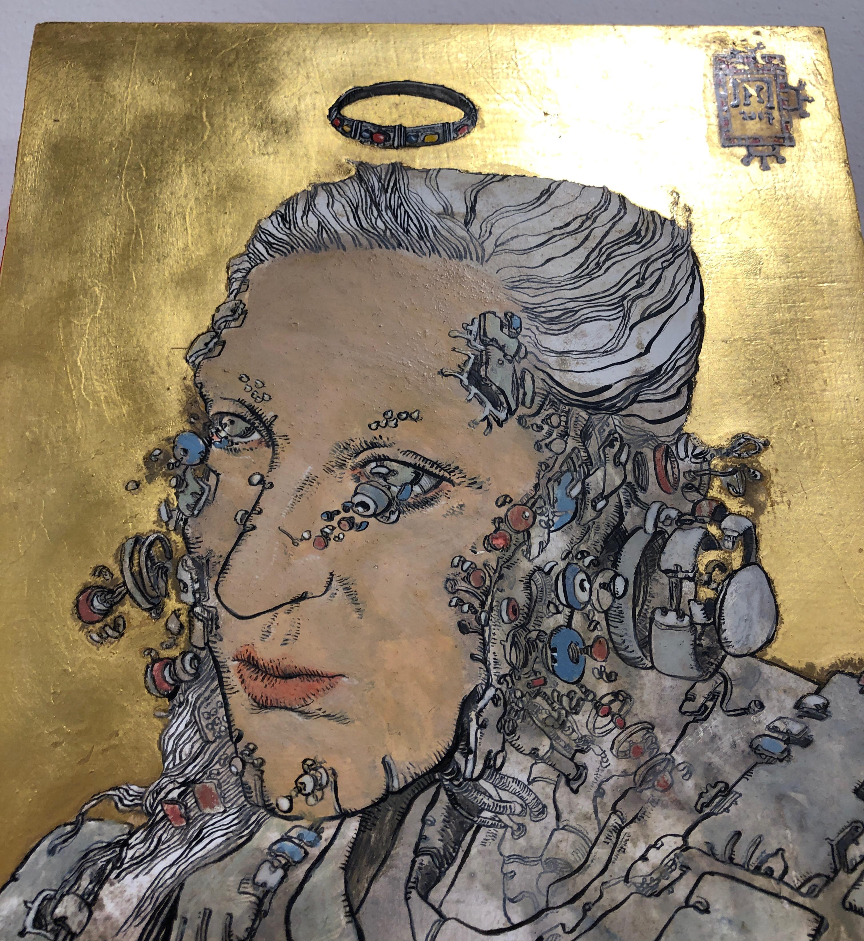 Royal Princess, Robotic & comic inspired, Ink egg-tempera and gold leaf on panel 2