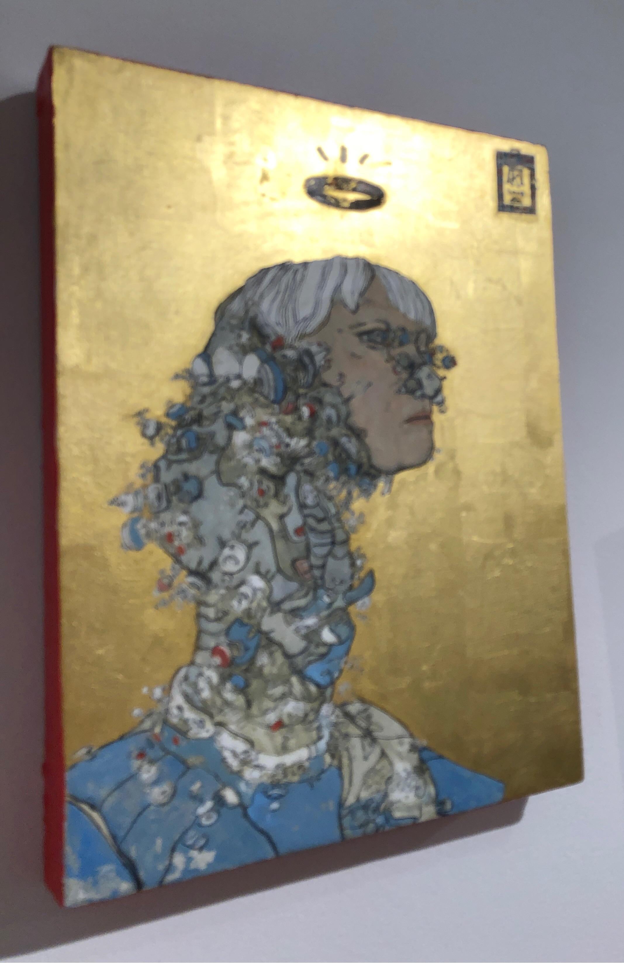 Queen Artemis as Medea, Sci-Fi inspired, Ink egg-tempera and gold leaf on panel - Gold Portrait Painting by Konstantinos Papamichalopoulos