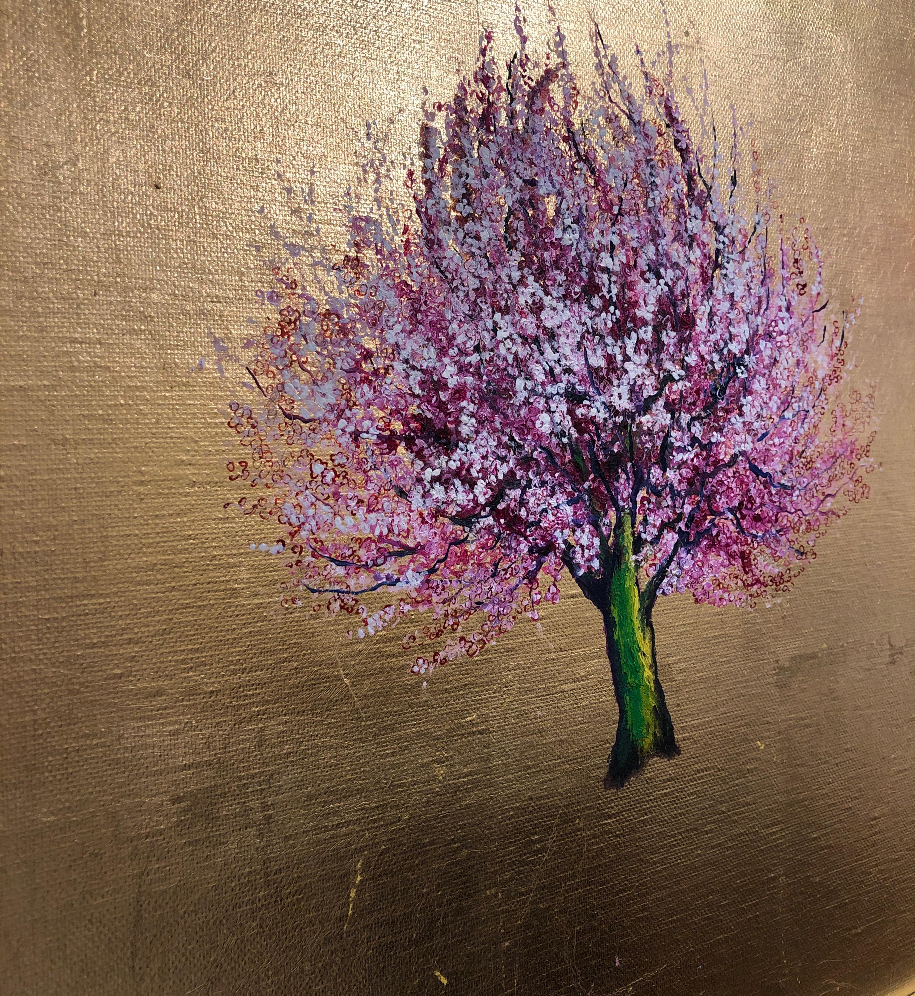 Morning Greeting, Elegant Oil on Canvas with Gold Leaf, Pink Tree & Flowers  1