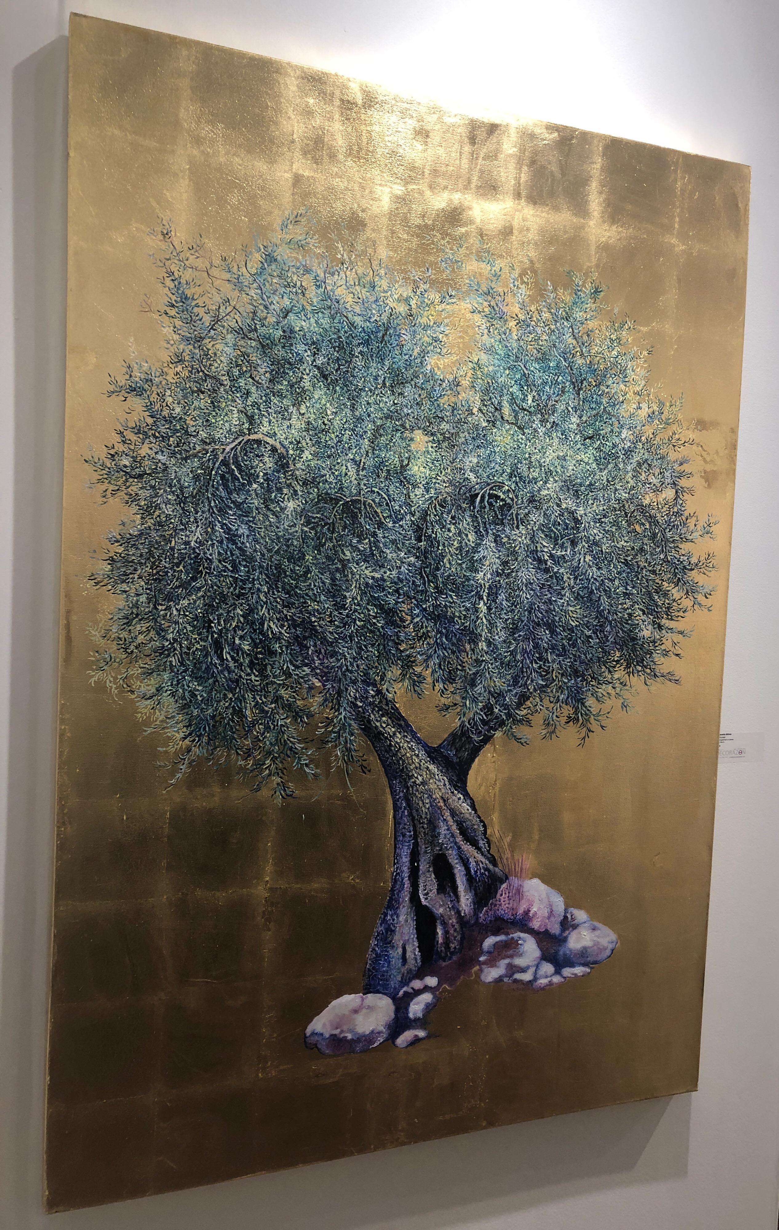 Stay Till Dawn, Elegant oil on canvas with gold leaf, contemporary Olive Tree  2