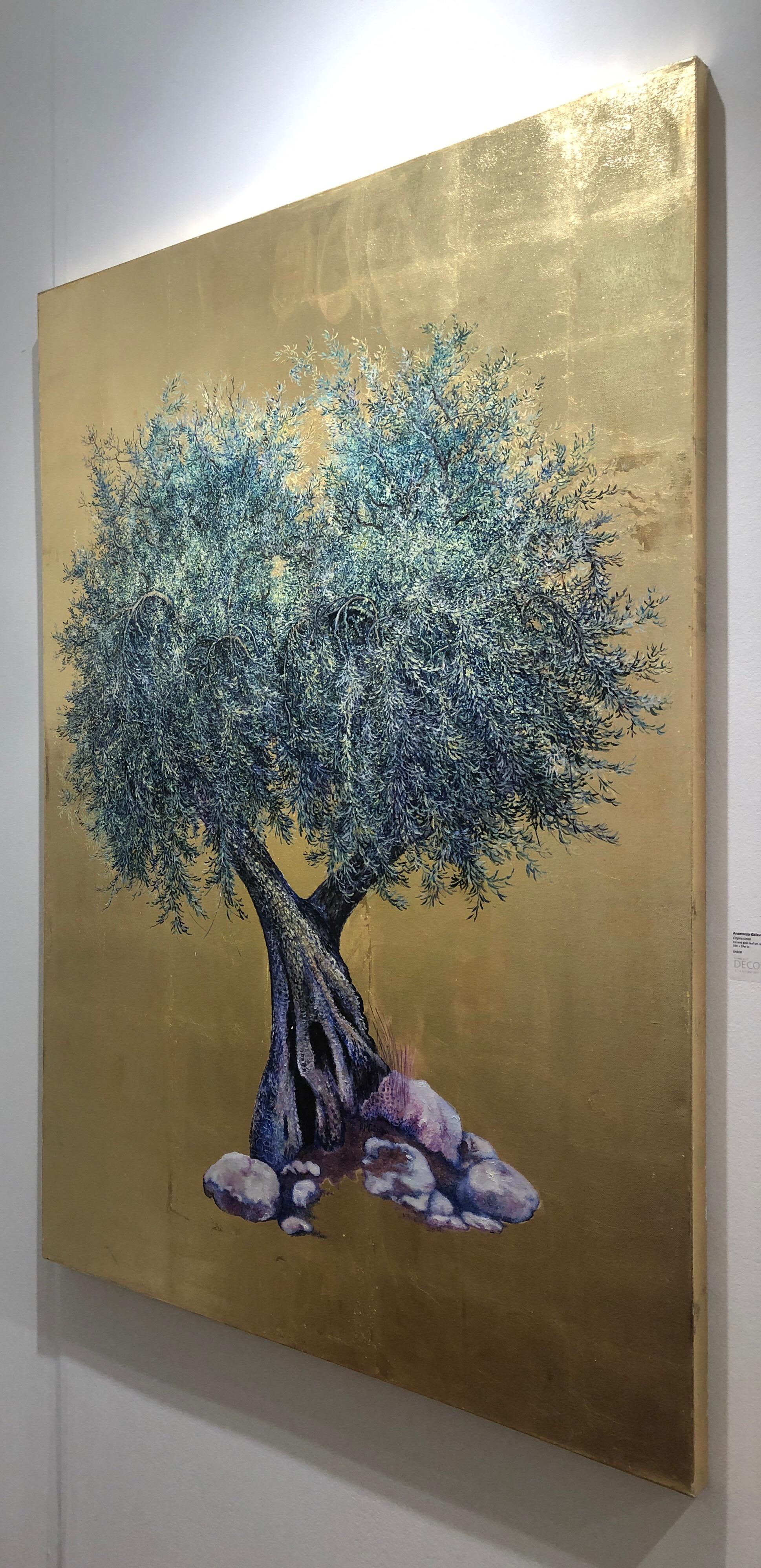 Stay Till Dawn, Elegant oil on canvas with gold leaf, contemporary Olive Tree  1