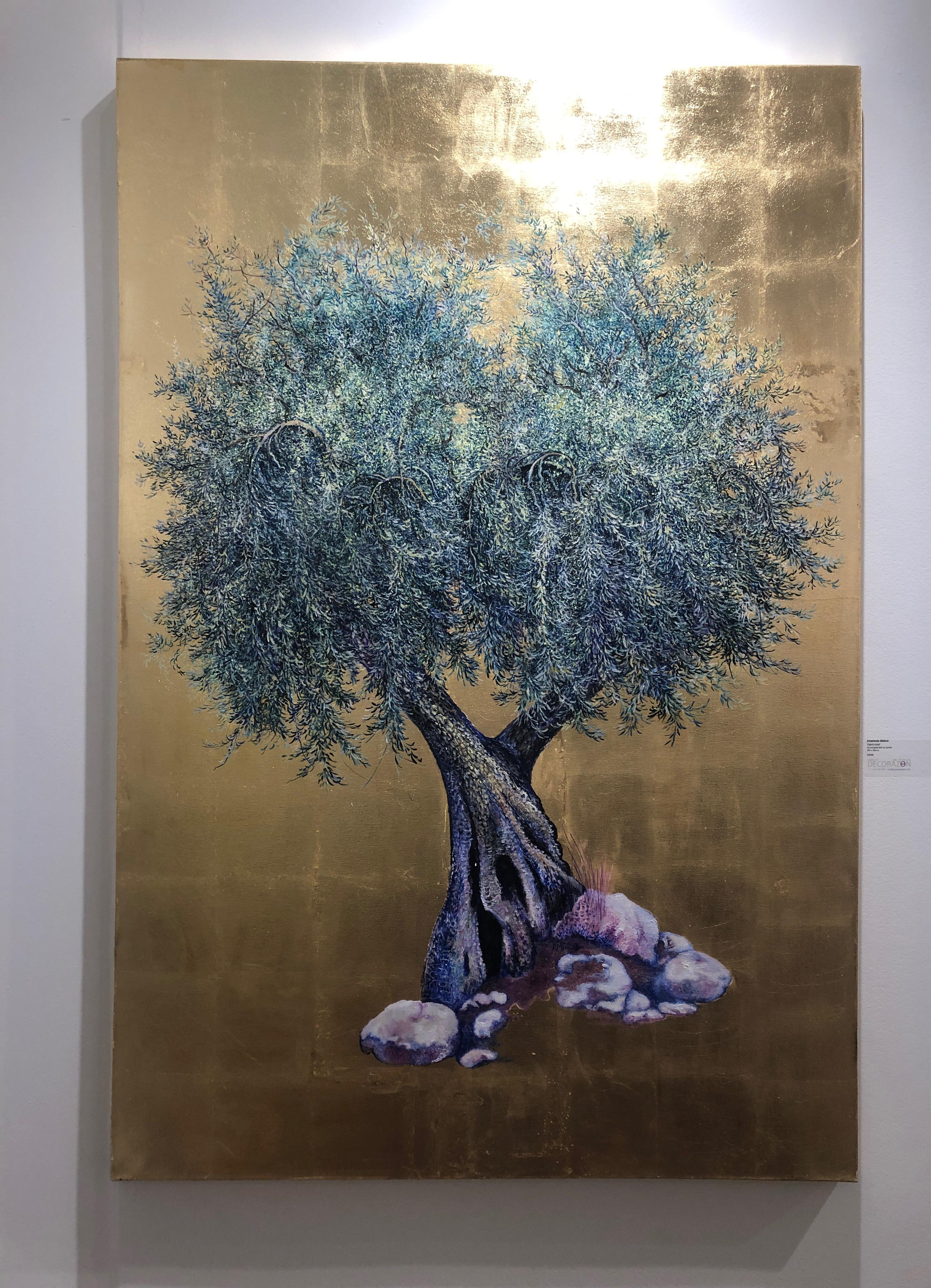 Stay Till Dawn, Elegant oil on canvas with gold leaf, contemporary Olive Tree  - Gold Still-Life Painting by Anastasia Gklava