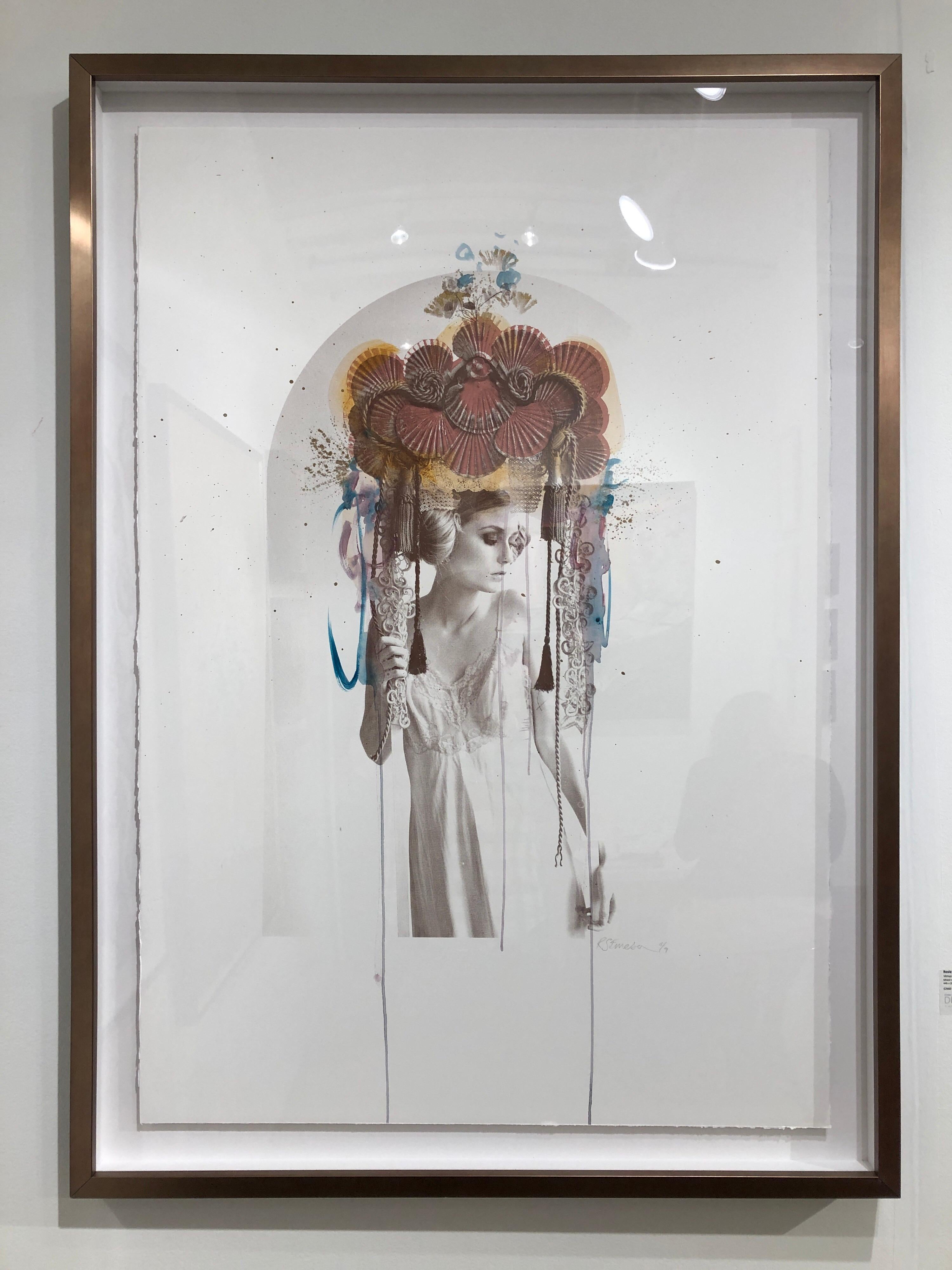 This piece is sold with a custom wood copper finish box frame, perfect for a contemporary setting.

This gorgeous artwork on paper was created initially with a screen print base of the model, then Rosie hand finishes the work with a unique splash