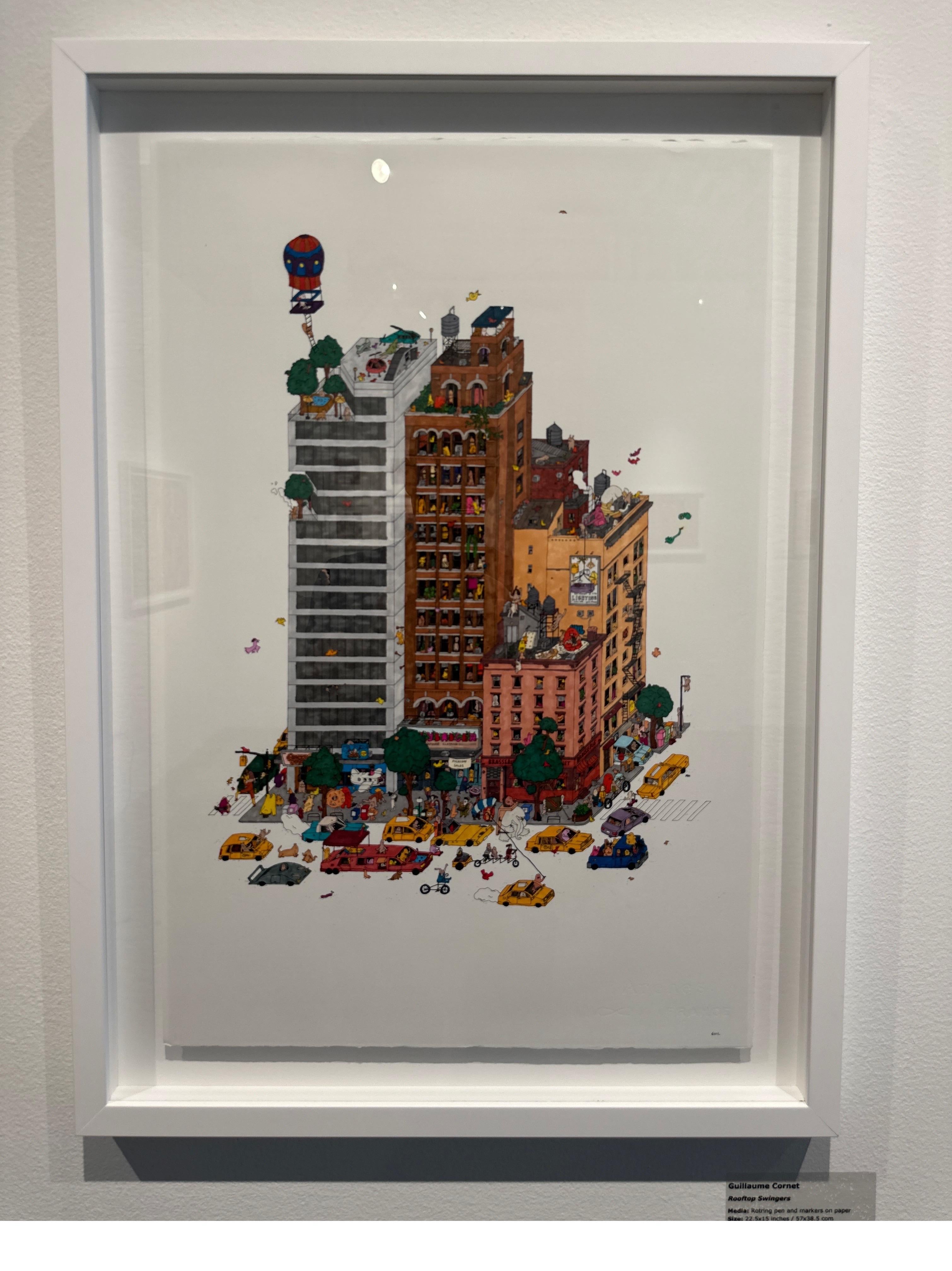 Rooftop Swingers, fantastica illustrazione di Guillaume Cornet incorniciata di bianco in vendita 1