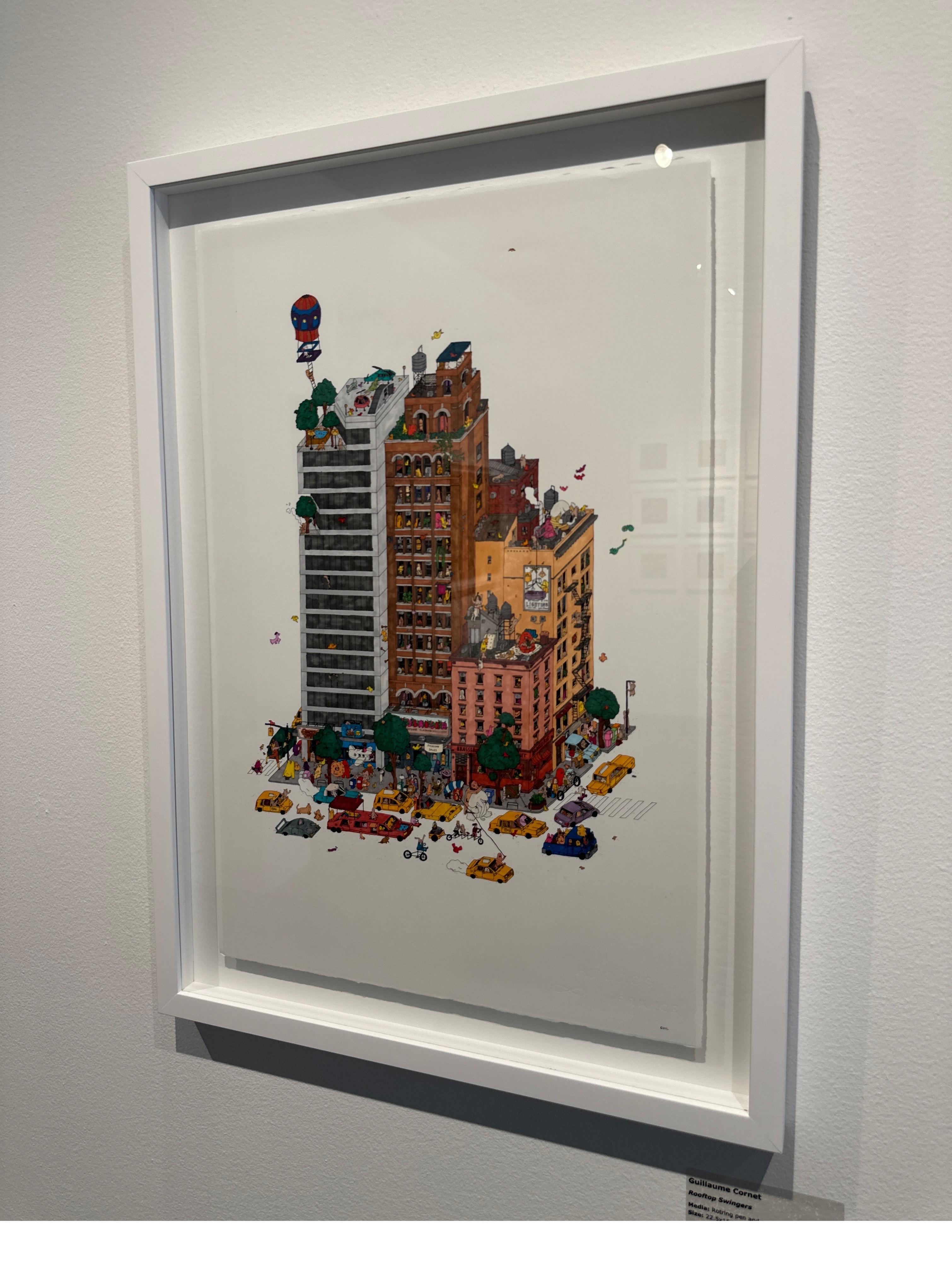Rooftop Swingers, fantastica illustrazione di Guillaume Cornet incorniciata di bianco in vendita 2