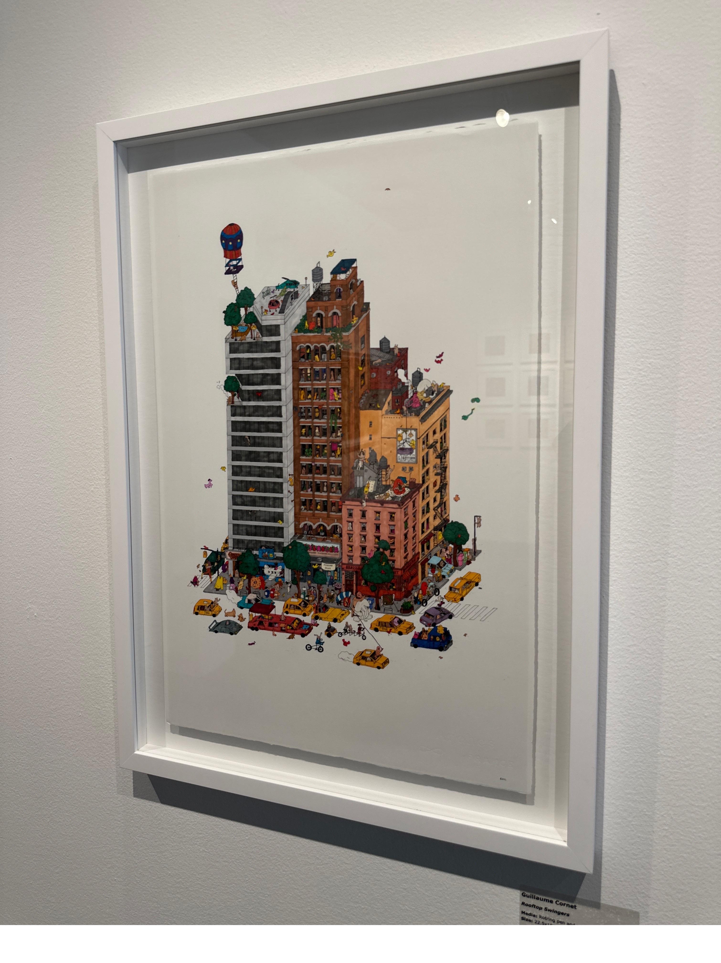 Rooftop Swingers, fantastic illustration by Guillaume Cornet white framed For Sale 2