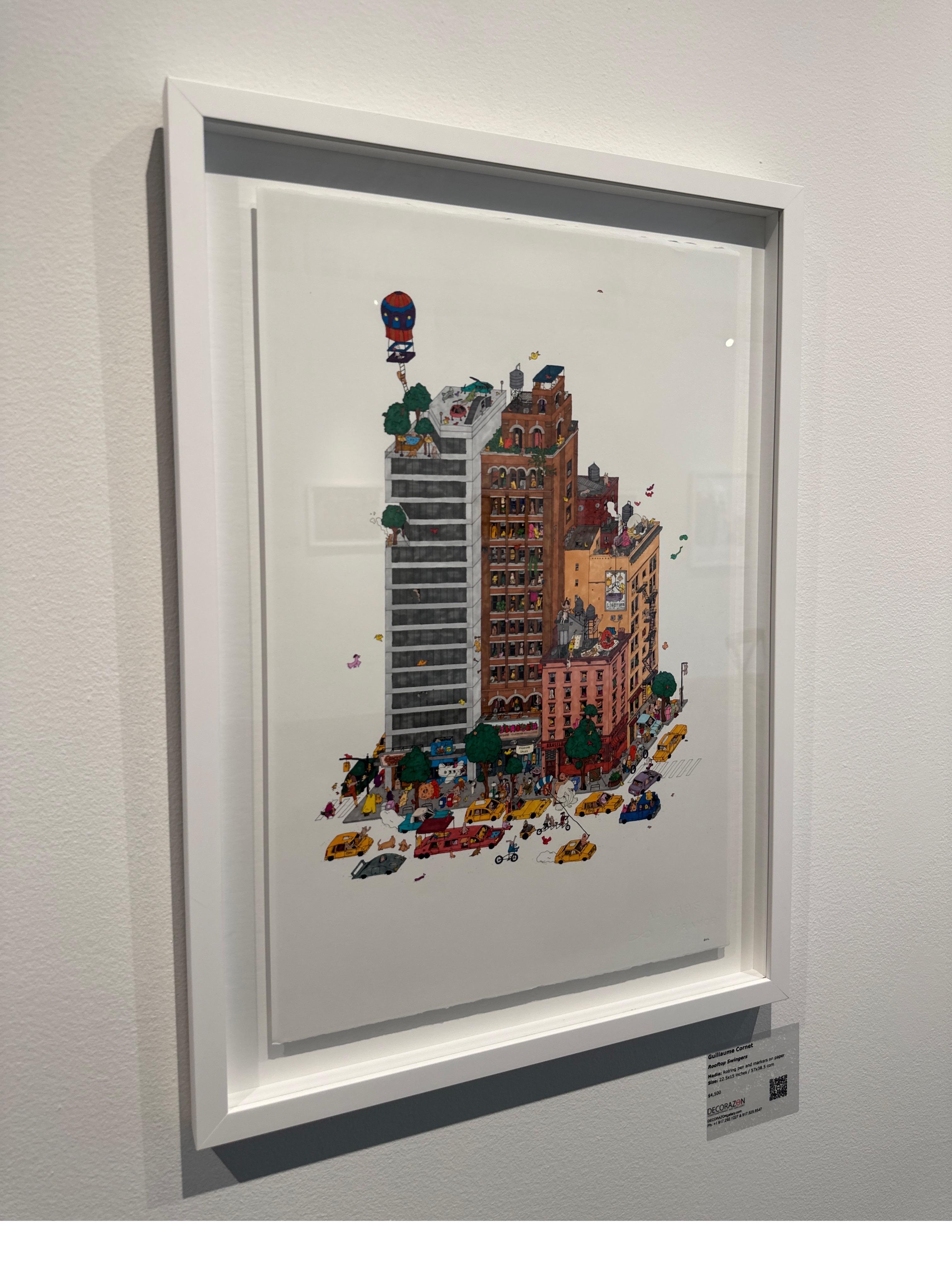 Rooftop Swingers, fantastica illustrazione di Guillaume Cornet incorniciata di bianco in vendita 3