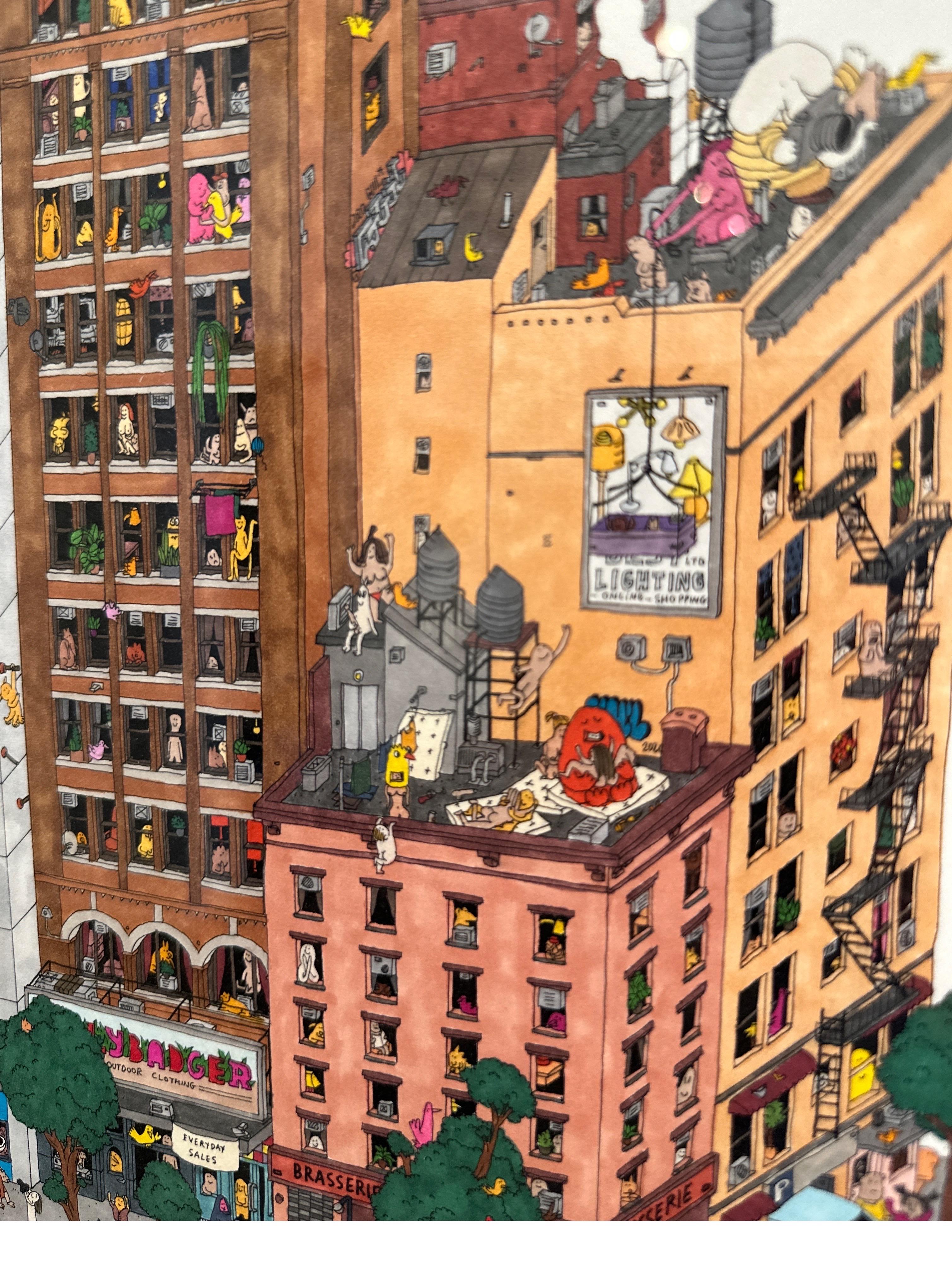 Rooftop Swingers, fantastica illustrazione di Guillaume Cornet incorniciata di bianco in vendita 4