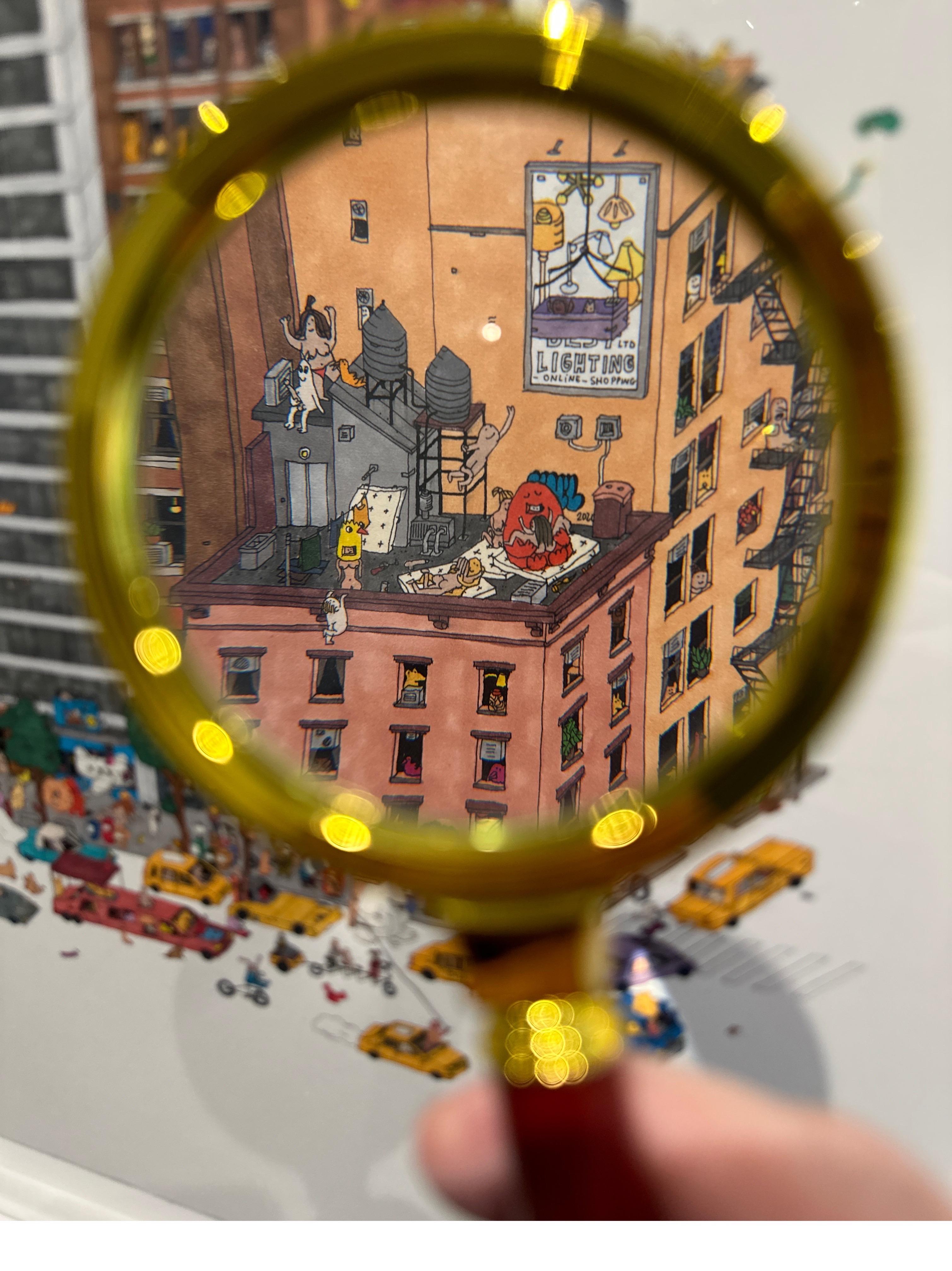 Rooftop Swingers, fantastica illustrazione di Guillaume Cornet incorniciata di bianco in vendita 5