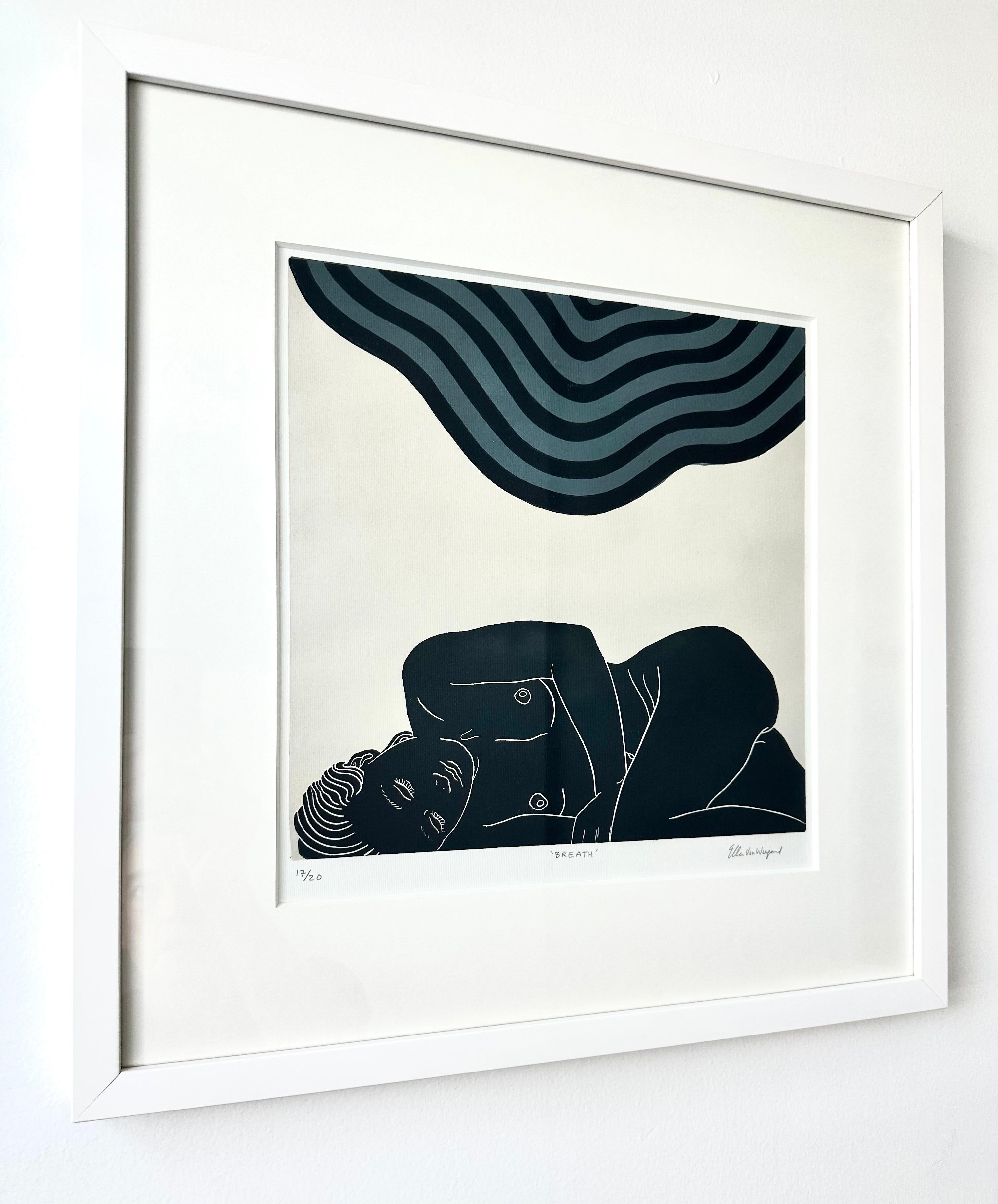 Breath, Sensual female figurative artwork, Linocut original print, Framed - Print by Ellen Von Wiegand