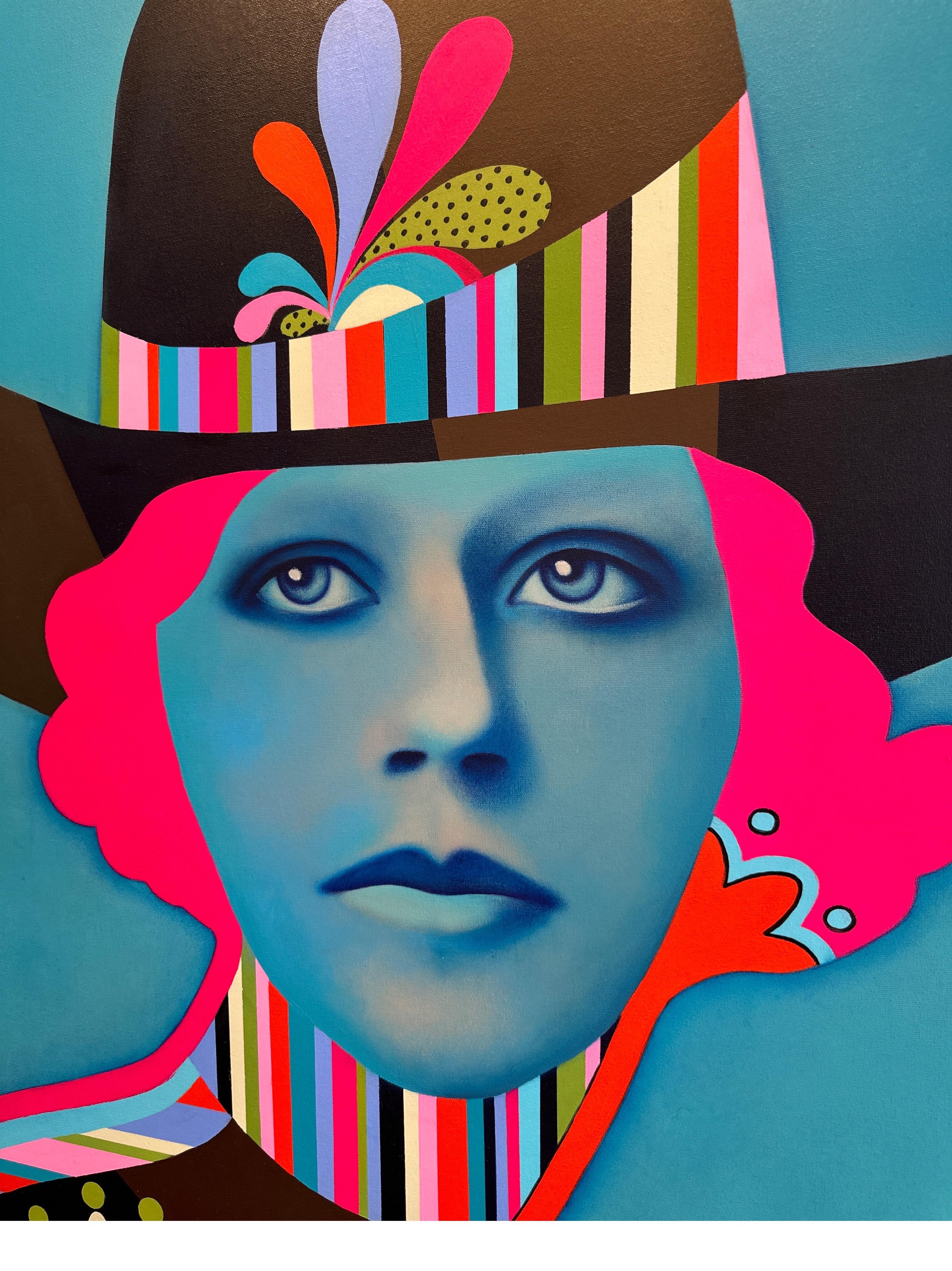 Outlaw, abstract pop art figurative painting, woman in cowboy hat, bright colors For Sale 1