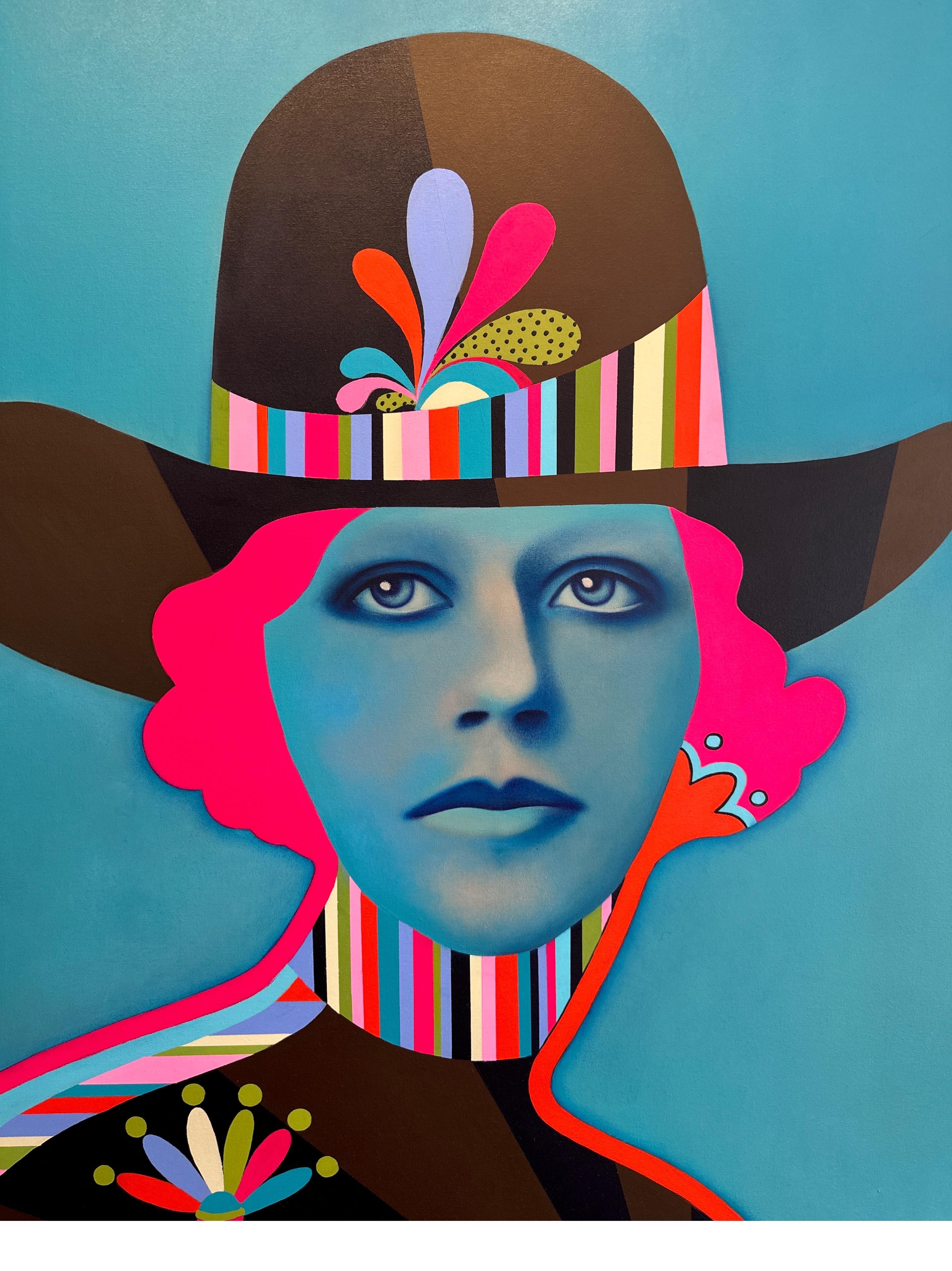 Outlaw, abstract pop art figurative painting, woman in cowboy hat, bright colors For Sale 2