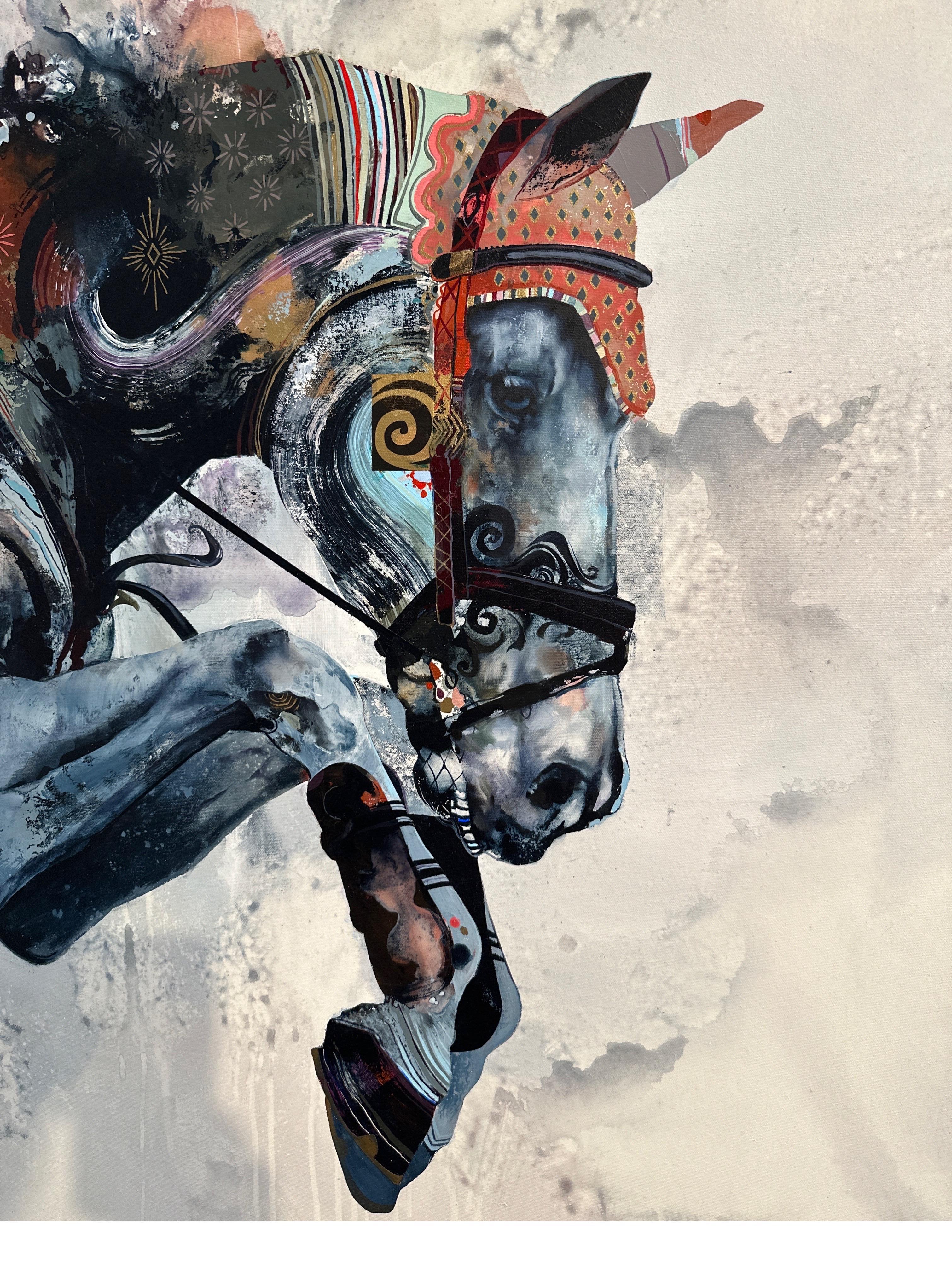Sin retorno, pintura al óleo Caballo de colores, realismo abstracto y textura, gris azulado en venta 4