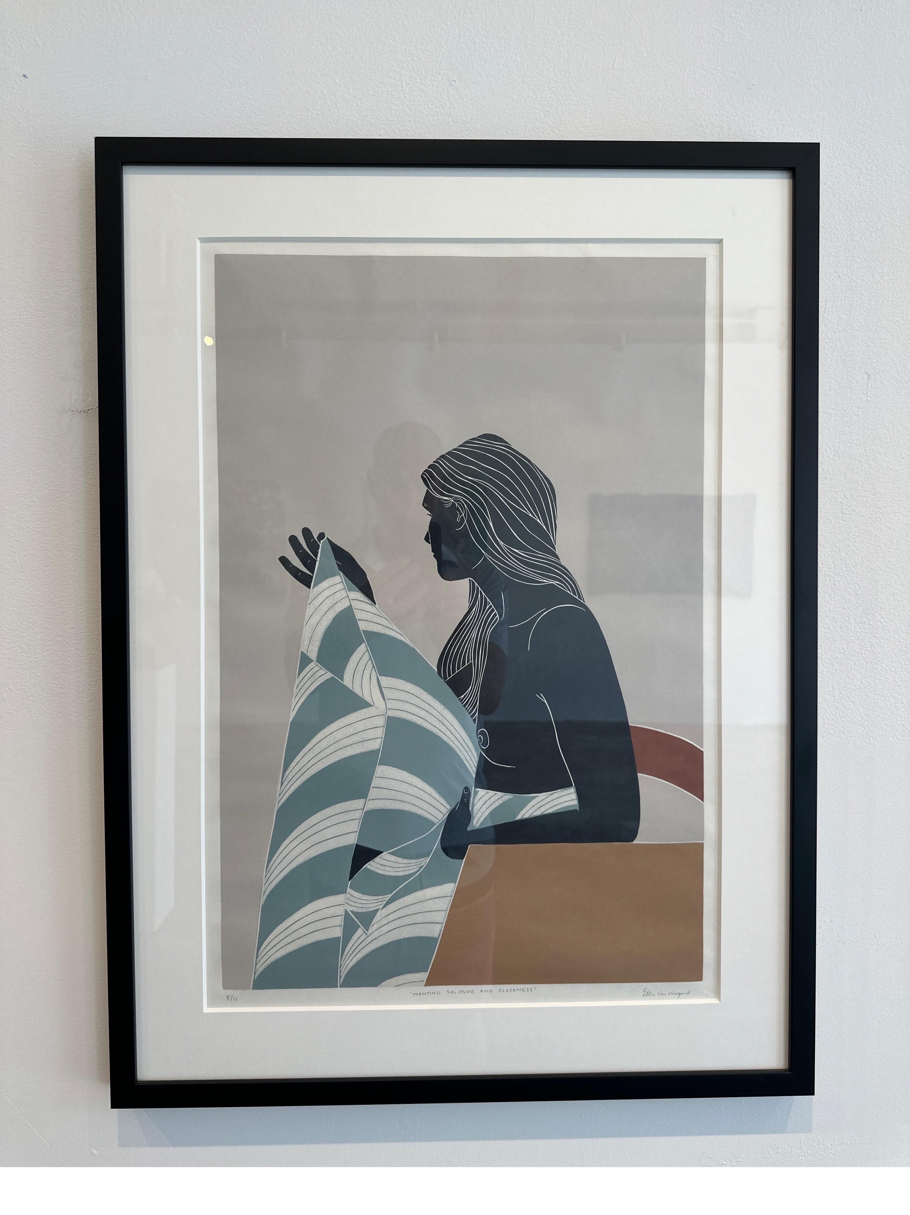 Wanting Solitude and Closeness, weiblicher Akt, Originaldruck im Linolschnitt, ungerahmt (Zeitgenössisch), Print, von Ellen Von Wiegand