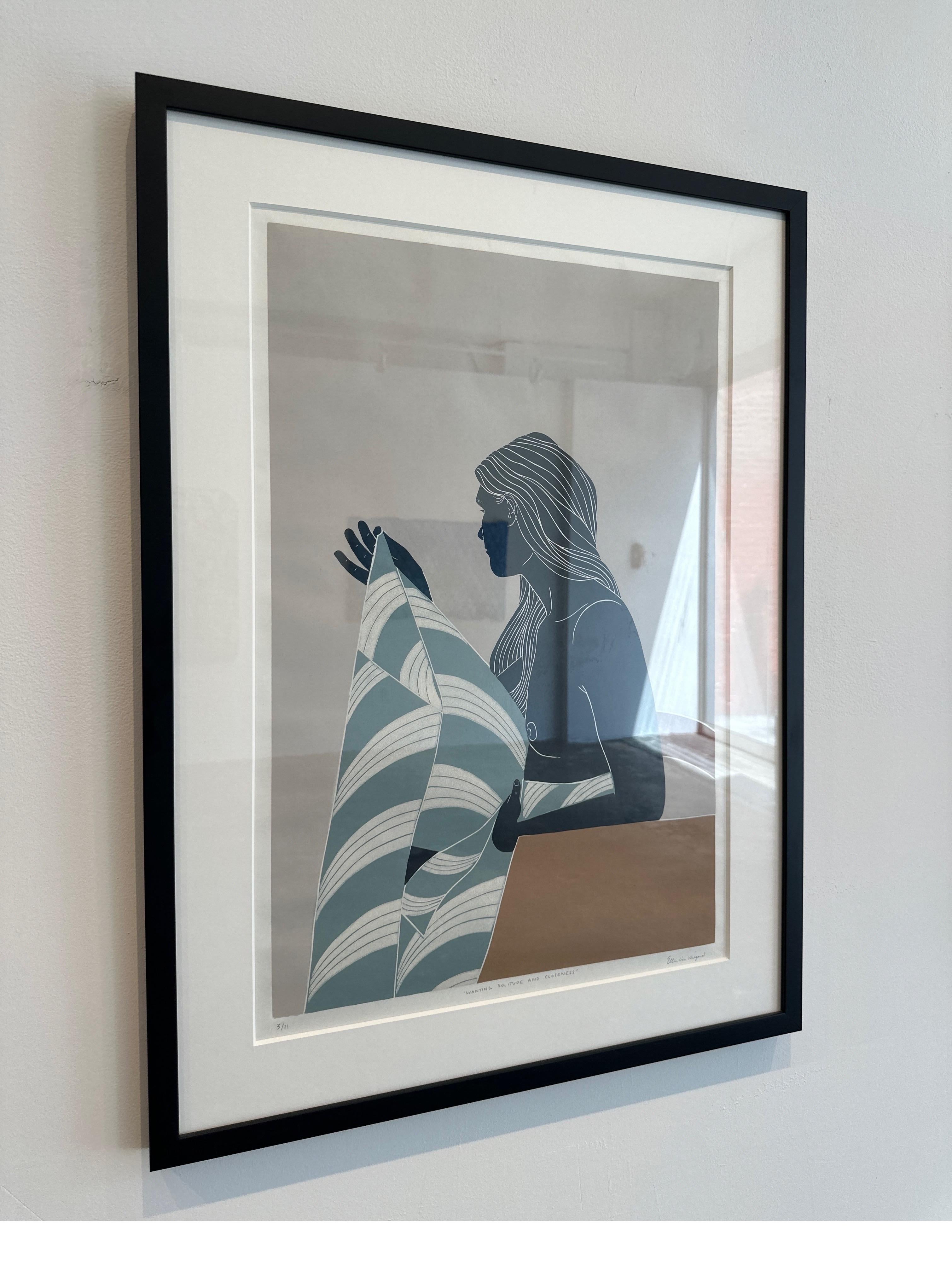 Wanting Solitude and Closeness, female nude, Linocut original print, Unframed - Contemporary Print by Ellen Von Wiegand