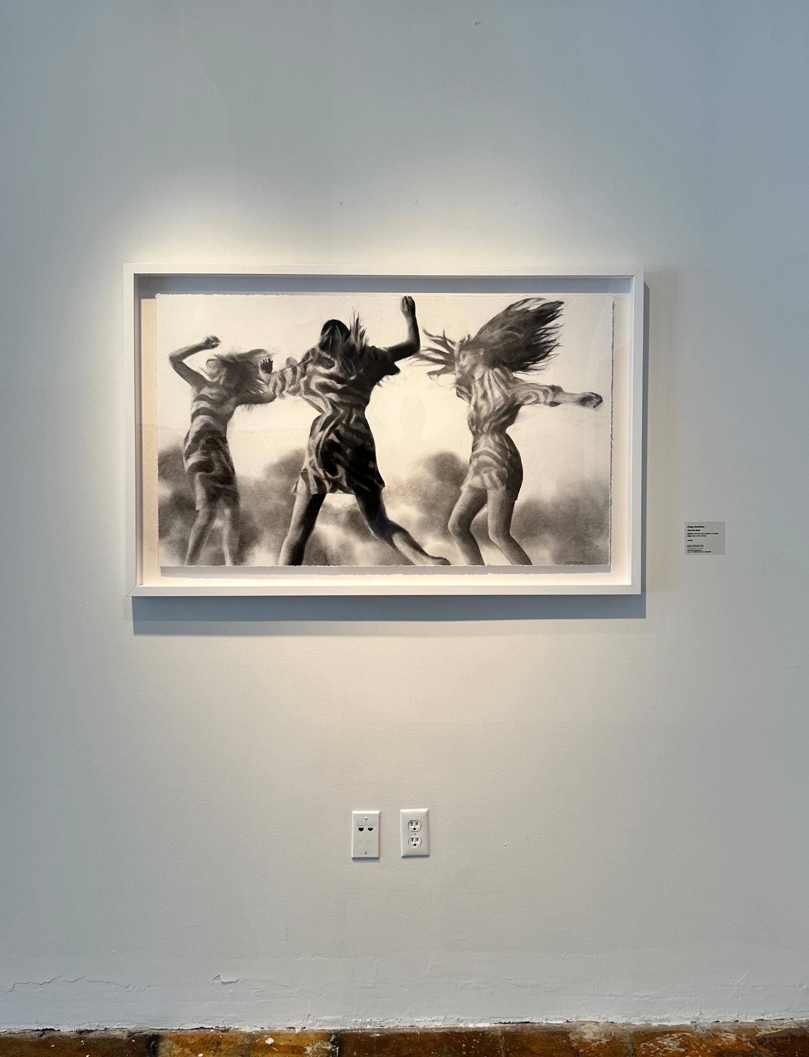 Feel The Beat, realistic figurative charcoal on paper of girls dancing - Framed - Art by Patsy McArthur