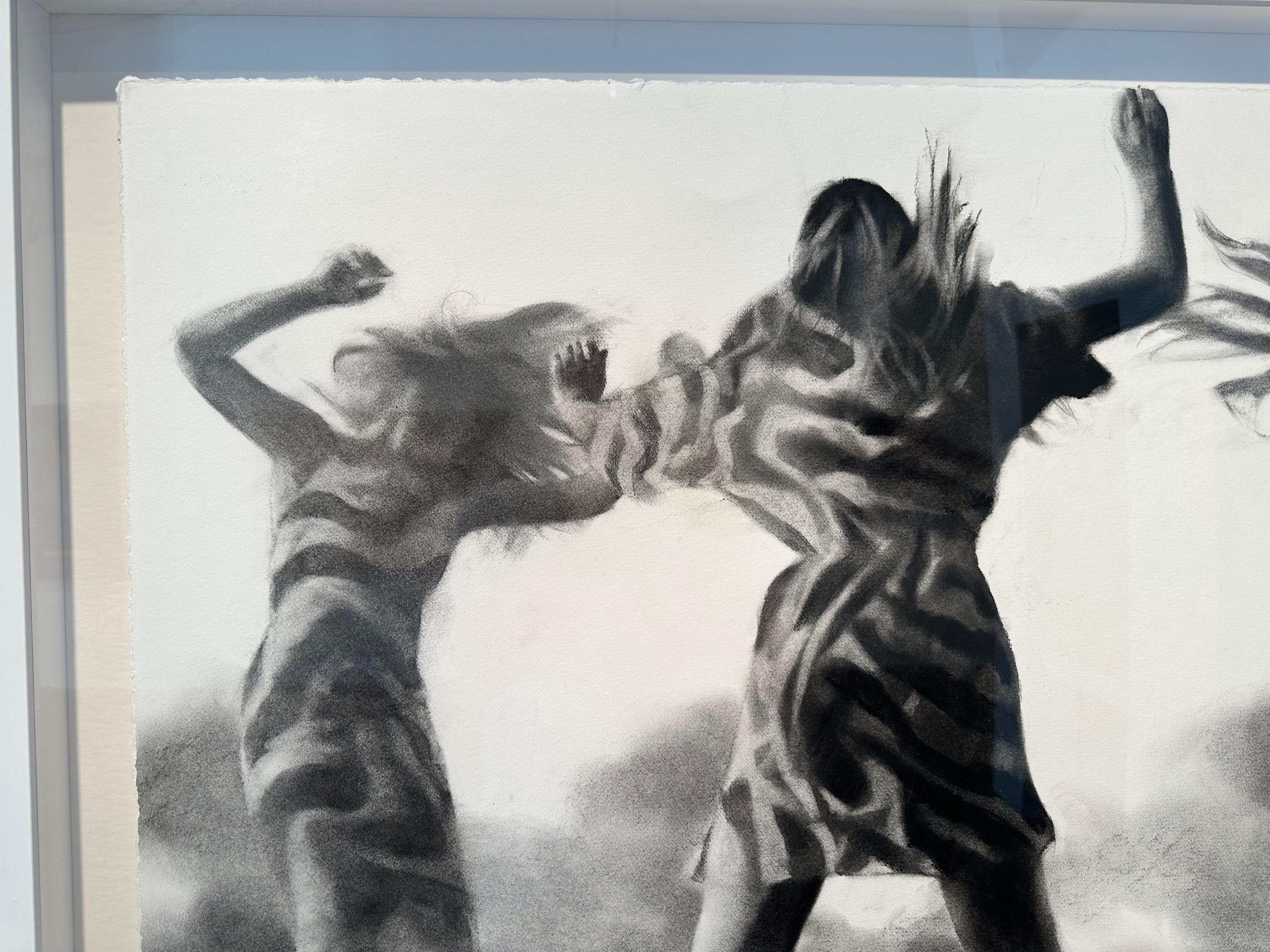 Feel The Beat, realistic figurative charcoal on paper of girls dancing - Framed For Sale 1