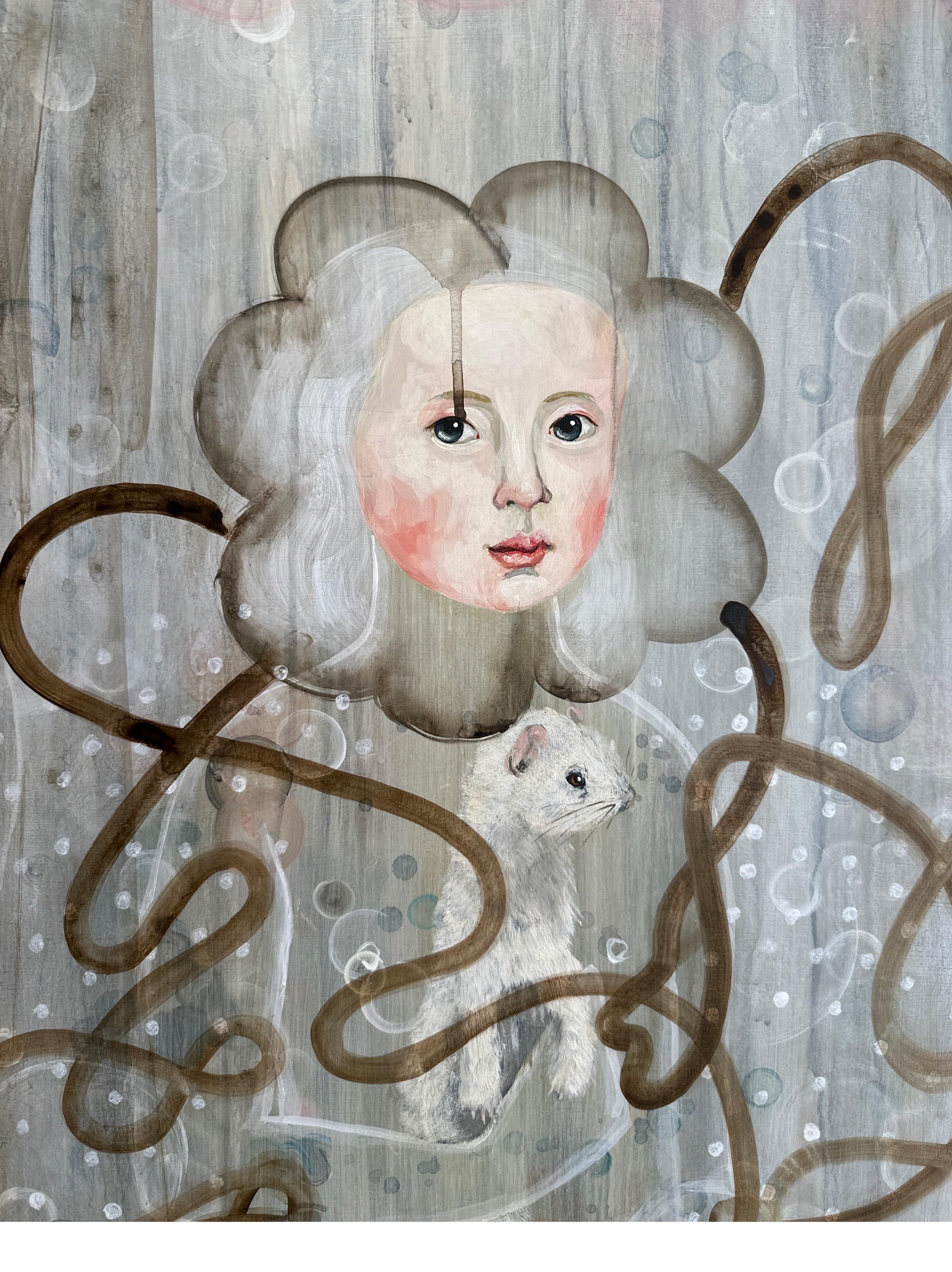 « Ermine » d'Anne Siems, peinture figurative surréaliste, femme et animaux majestueux en vente 5