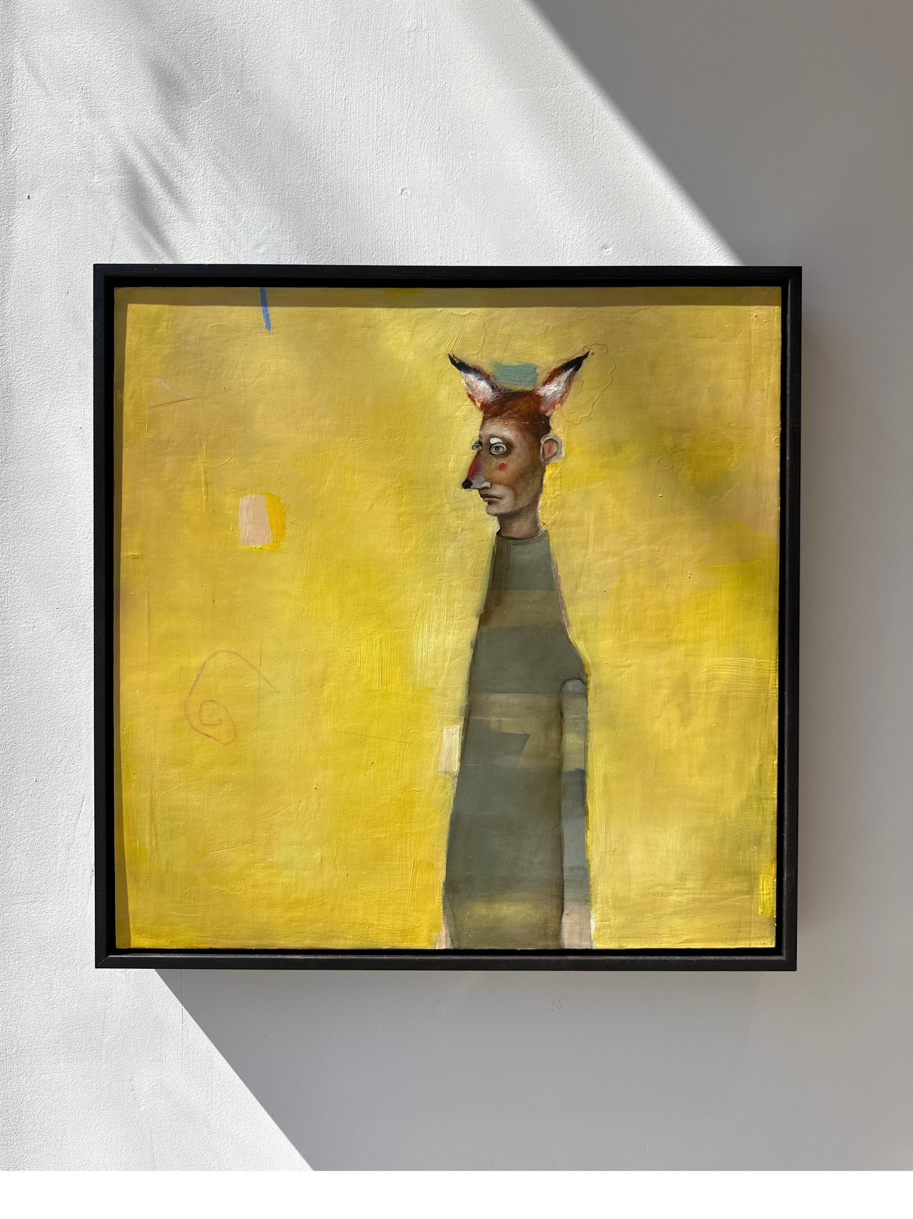 Muddy Fox, huile sur toile, portrait figuratif d'art pop sur fond jaune - Painting de Michele Mikesell