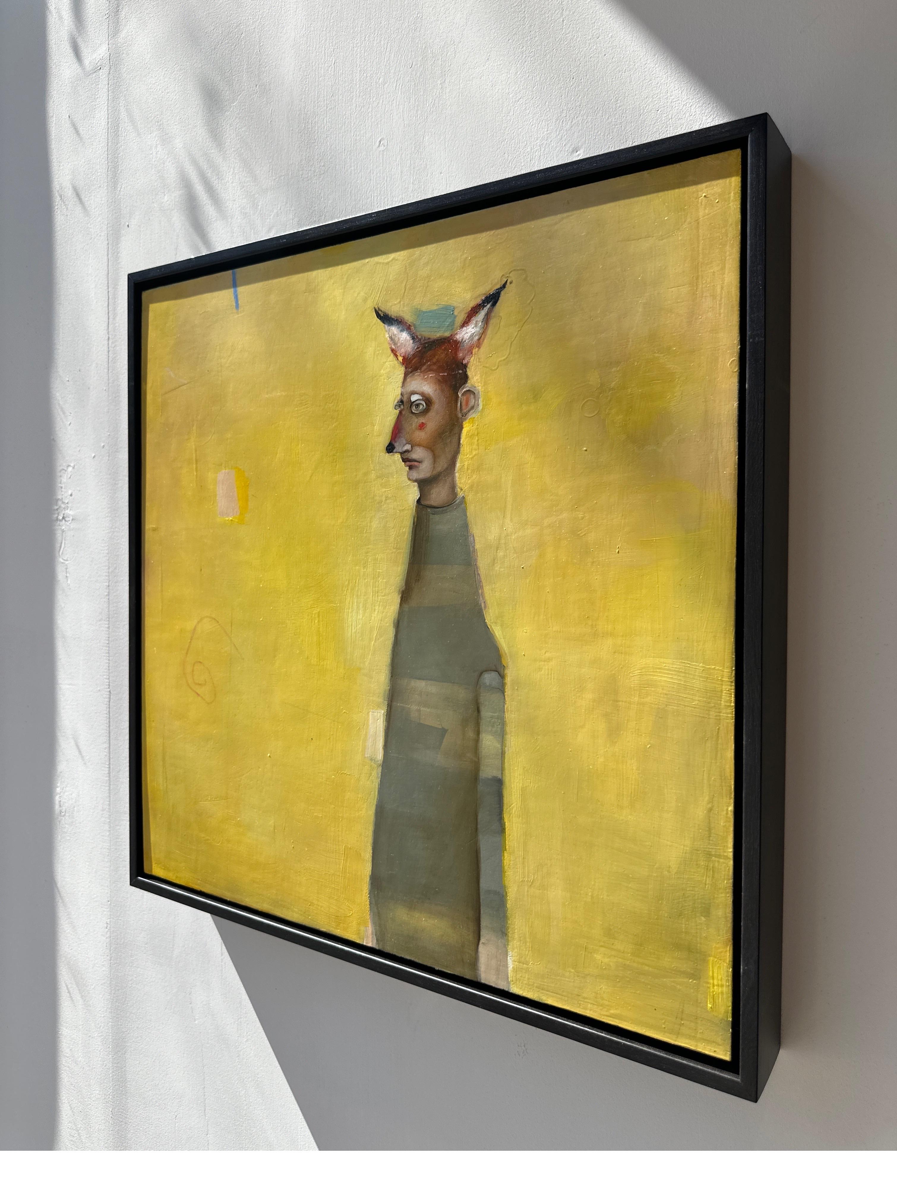 Muddy Fox, huile sur toile, portrait figuratif d'art pop sur fond jaune - Contemporain Painting par Michele Mikesell