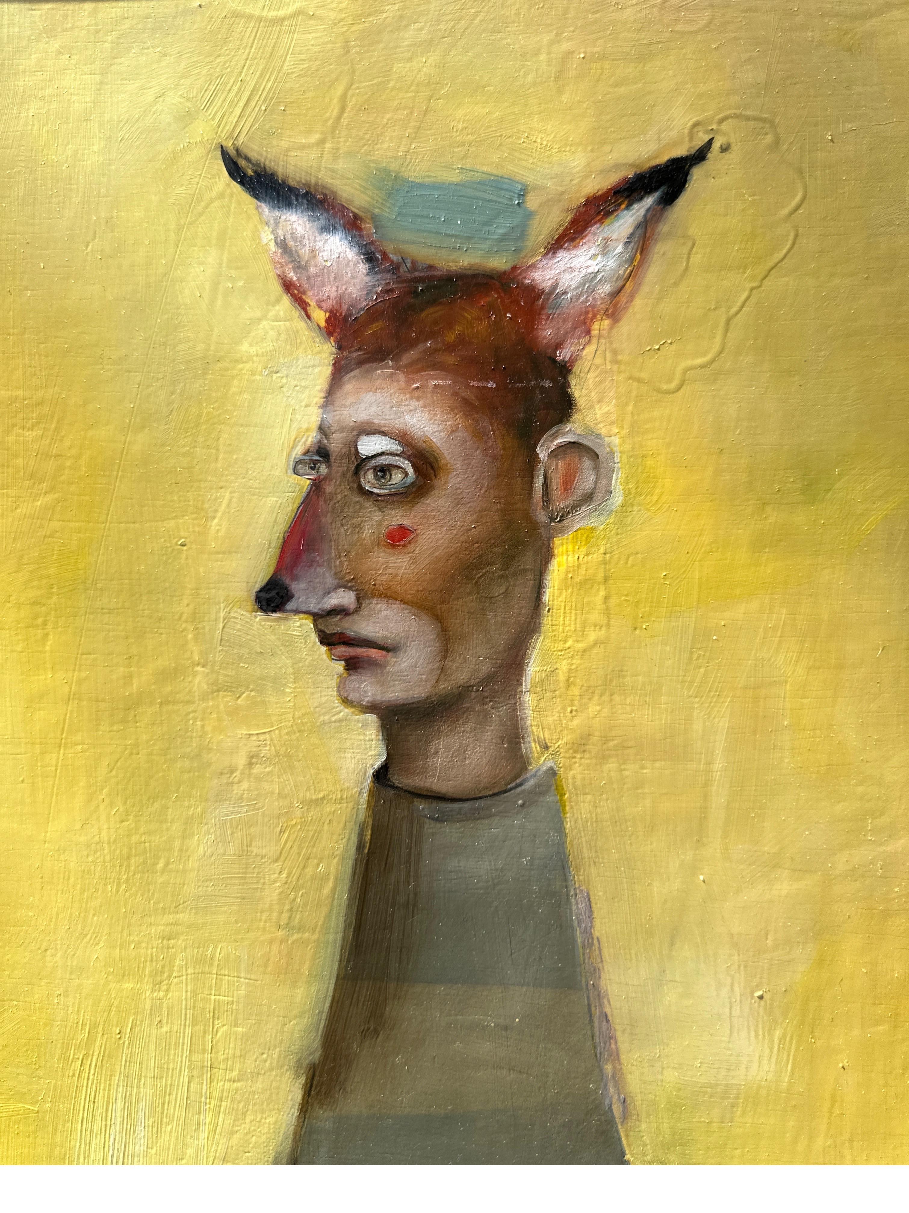 Muddy Fox, huile sur toile, portrait figuratif d'art pop sur fond jaune en vente 1
