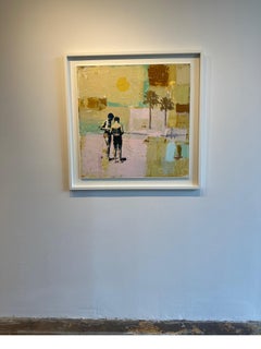Sunset Swim - Acrylic and mixed media on board, white float frame