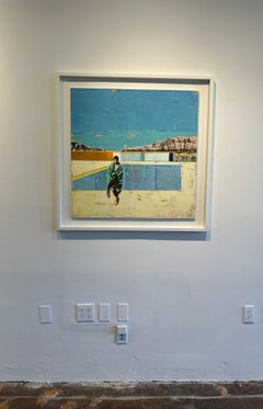 "Beach Pool" - Acrylic and mixed media on board, custom white frame