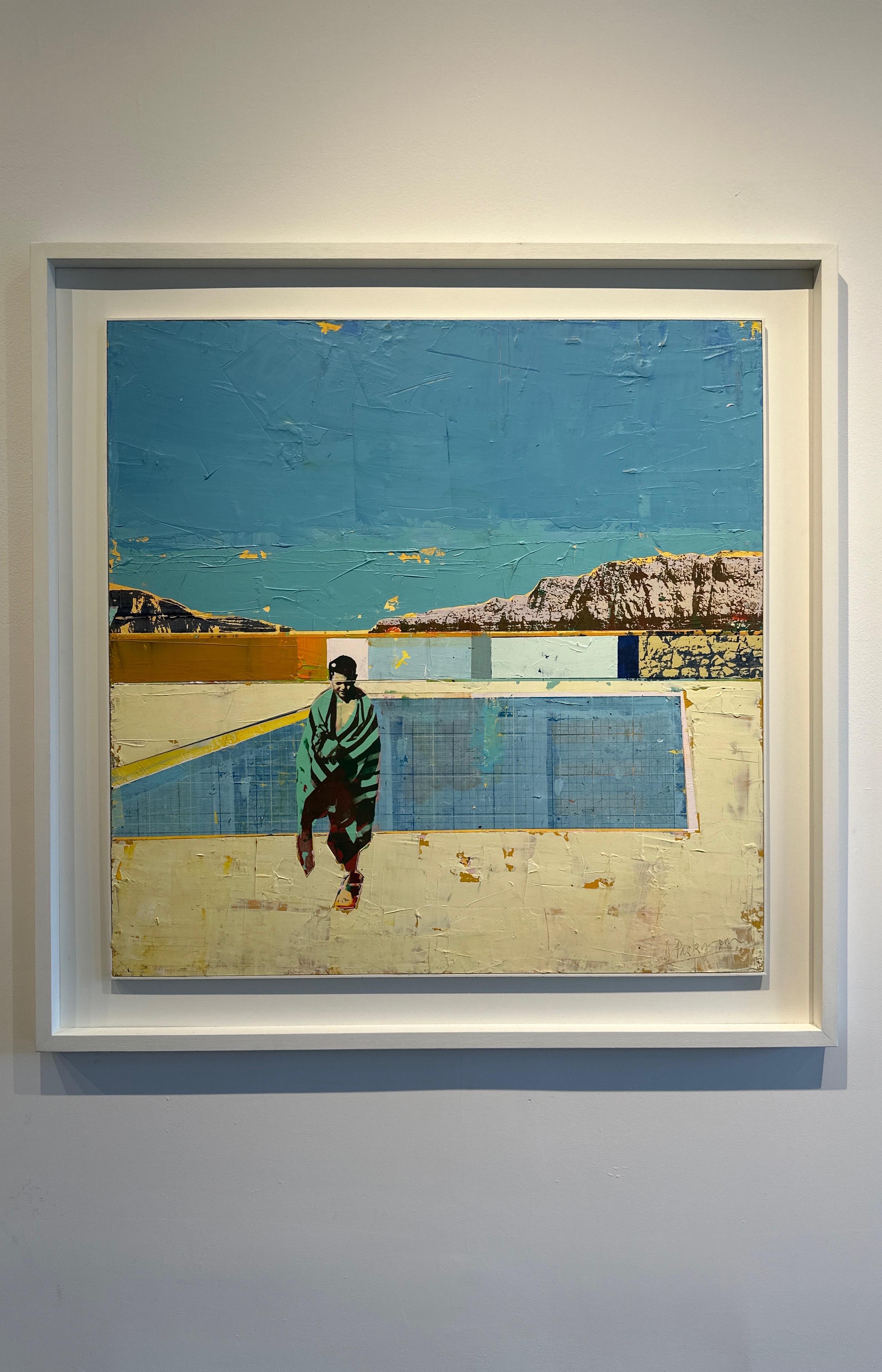„Beach Pool“ Acryl und Mischtechnik auf Karton, weißer, schwebender Rahmen  (Zeitgenössisch), Painting, von Dan Parry-Jones