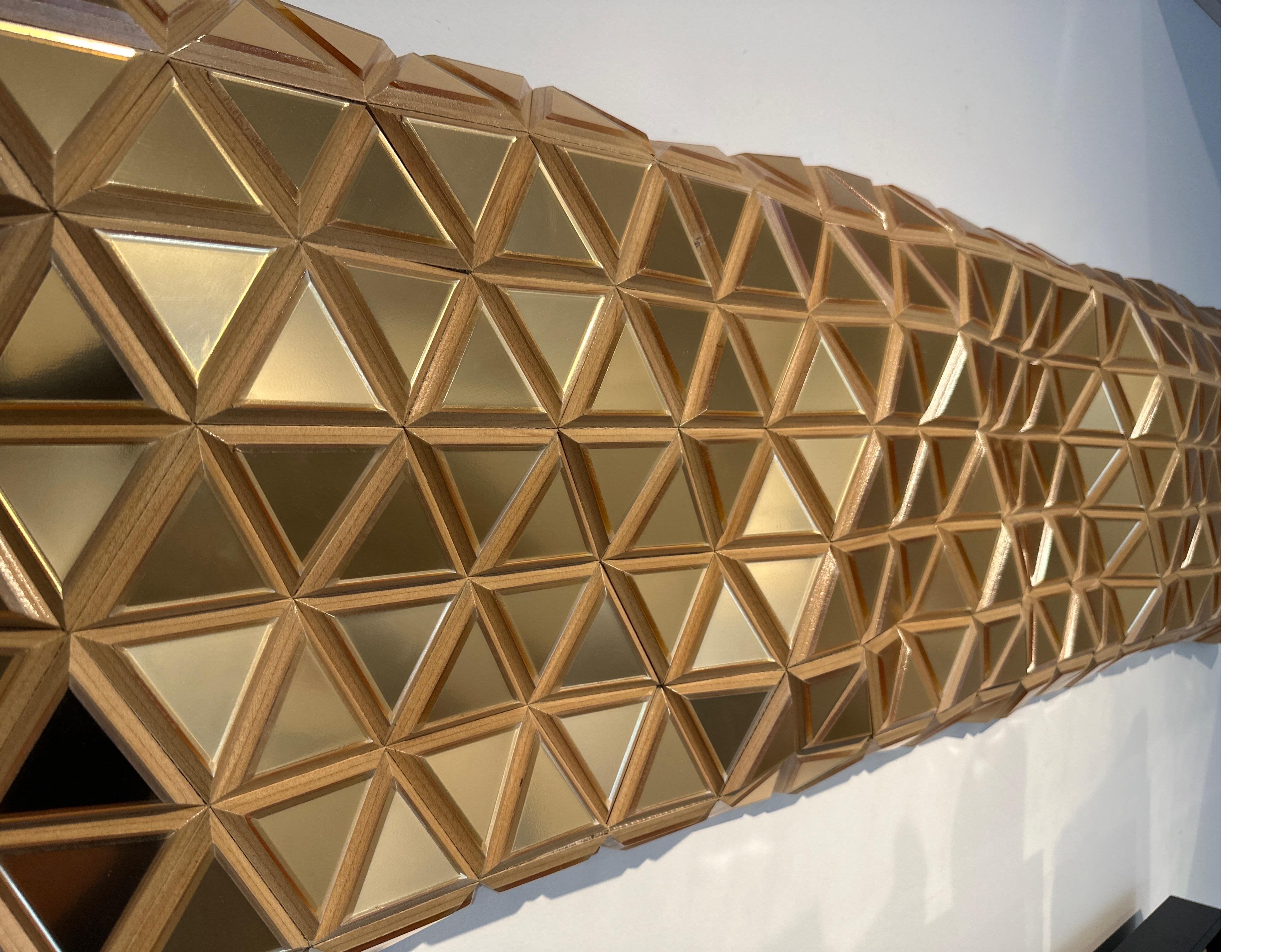 Golden Dreams, Metallic wooden carved modern wall sculpture, geometric  For Sale 1