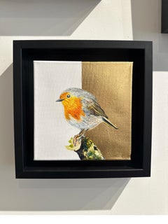 "European Robin", Orange and yellow reallist bird painting, oil and gold leaf