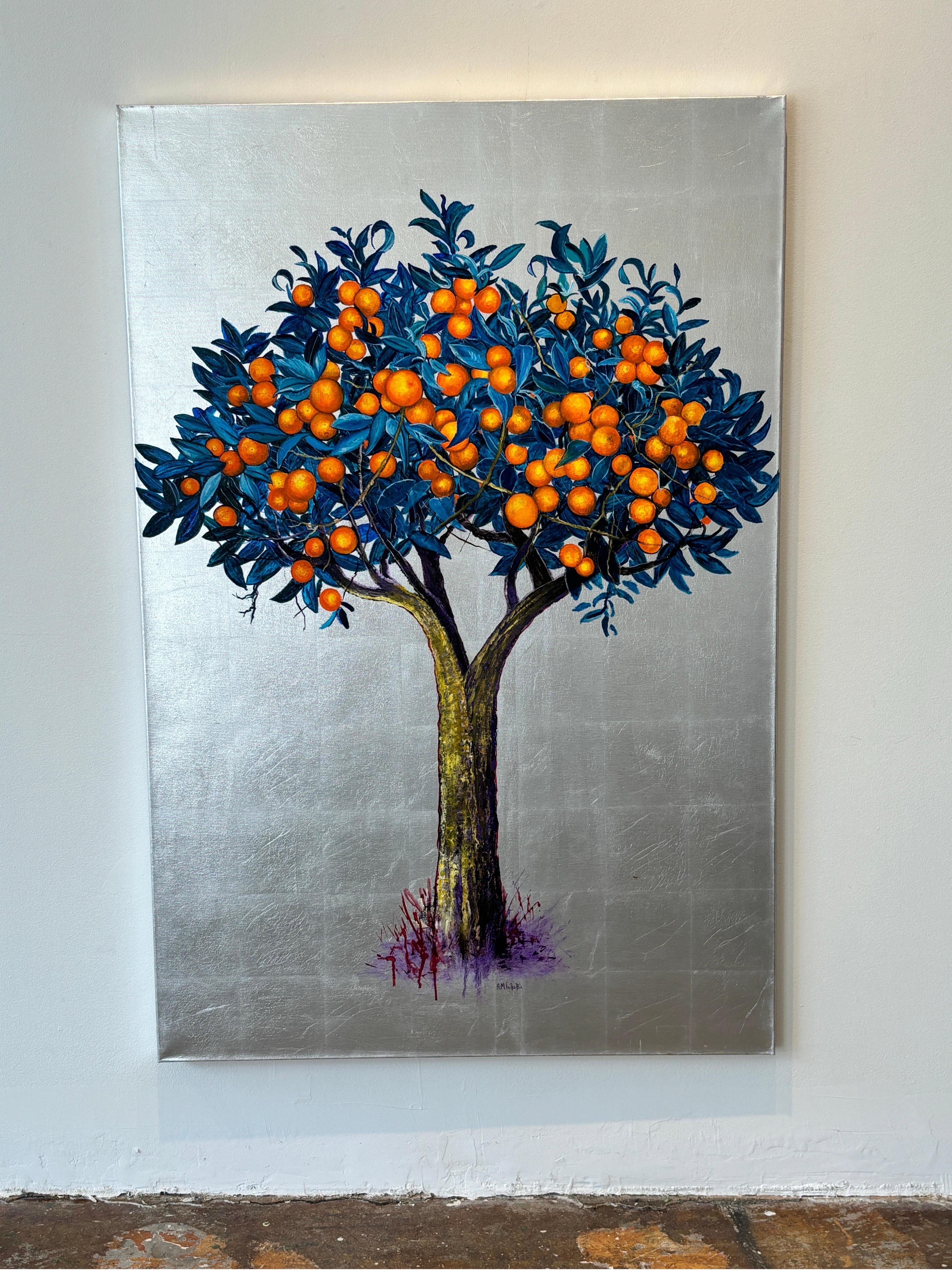 Pintura al óleo y plata centelleante de naranjos, paisaje, hojas, naturaleza - Painting Contemporáneo de Anastasia Gklava