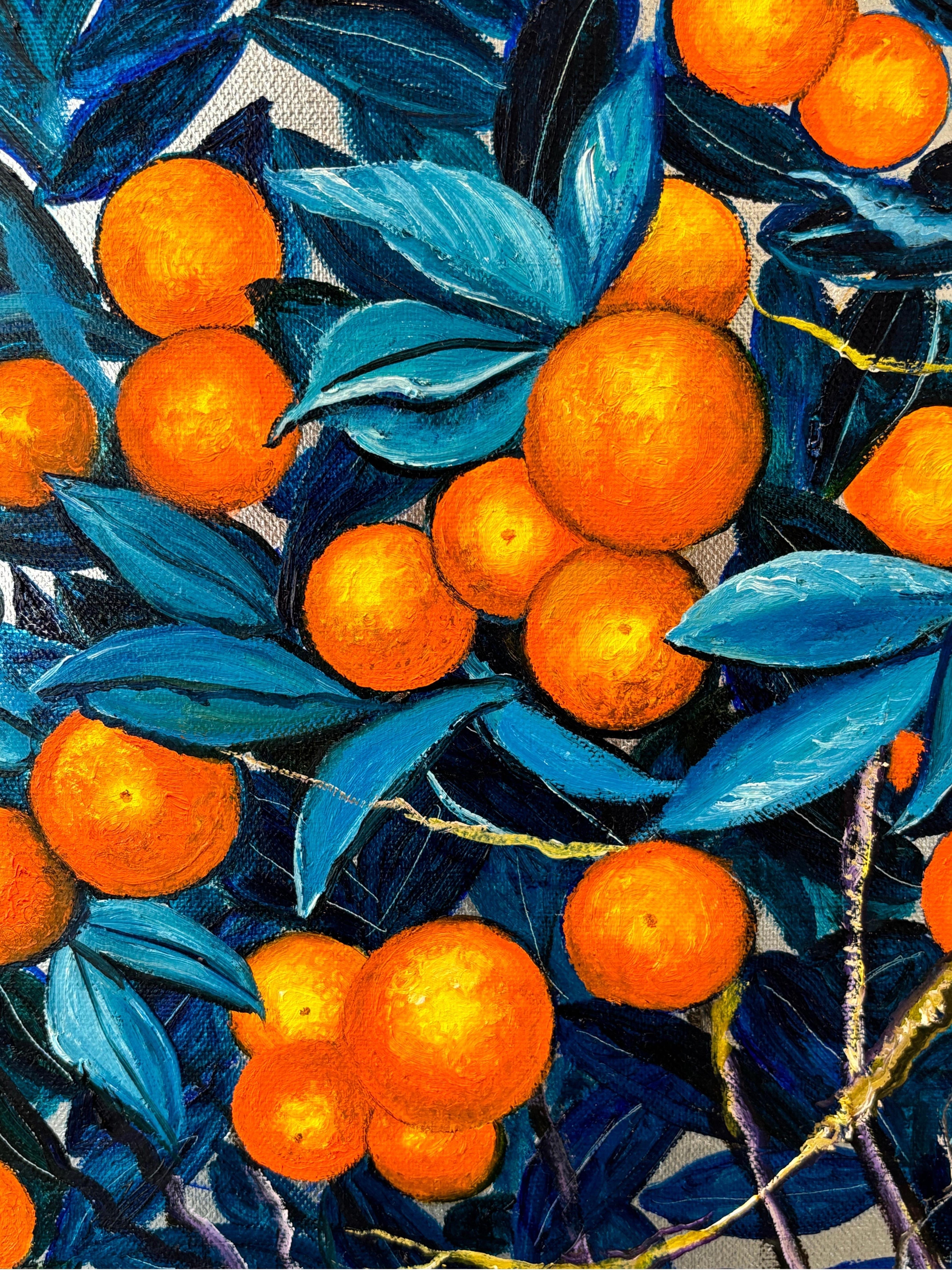 Pintura al óleo y plata centelleante de naranjos, paisaje, hojas, naturaleza 4