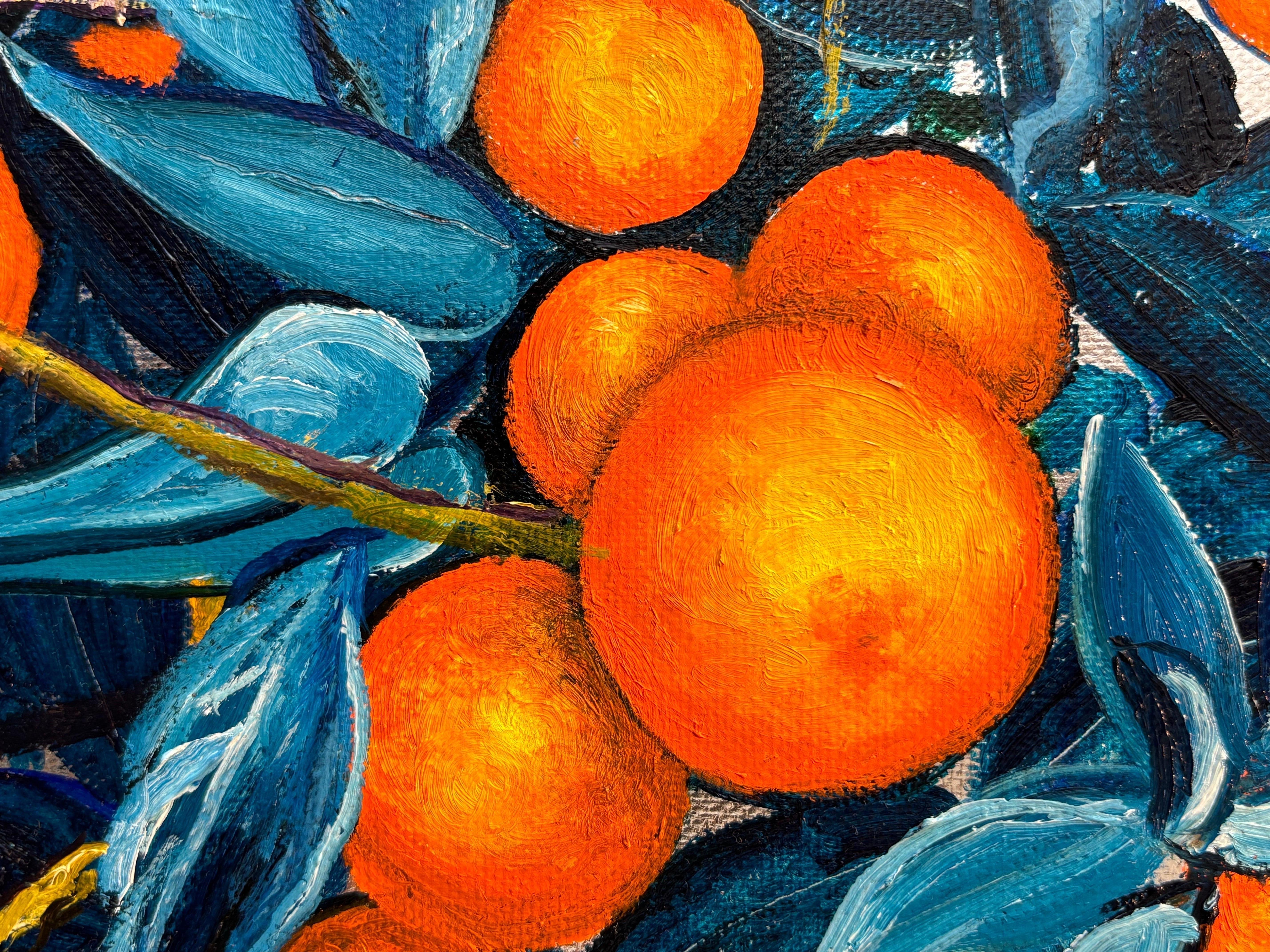 Pintura al óleo y plata centelleante de naranjos, paisaje, hojas, naturaleza 6