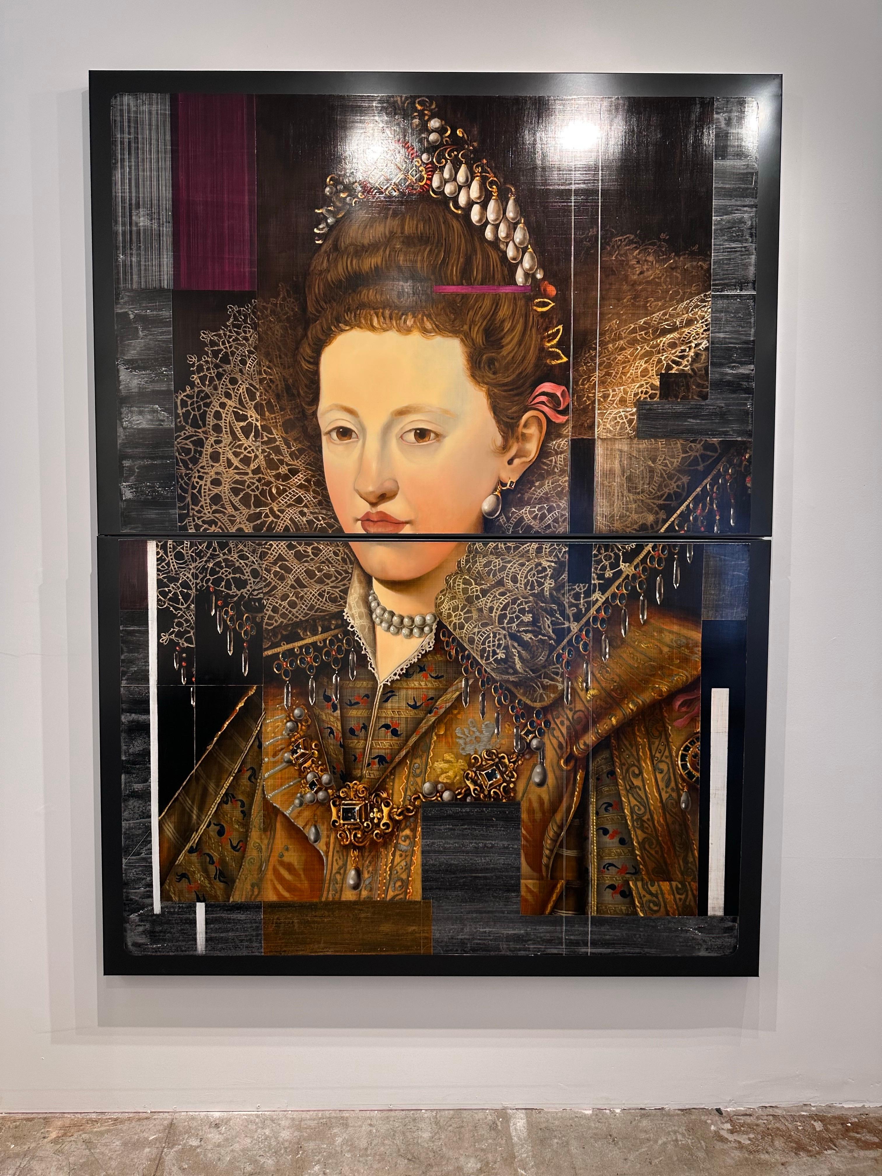 Maria Gonzaga di Lorrain, ritratto in stile reale, olio contemporaneo su metallo - Figurative Painting Nero di David Crismon
