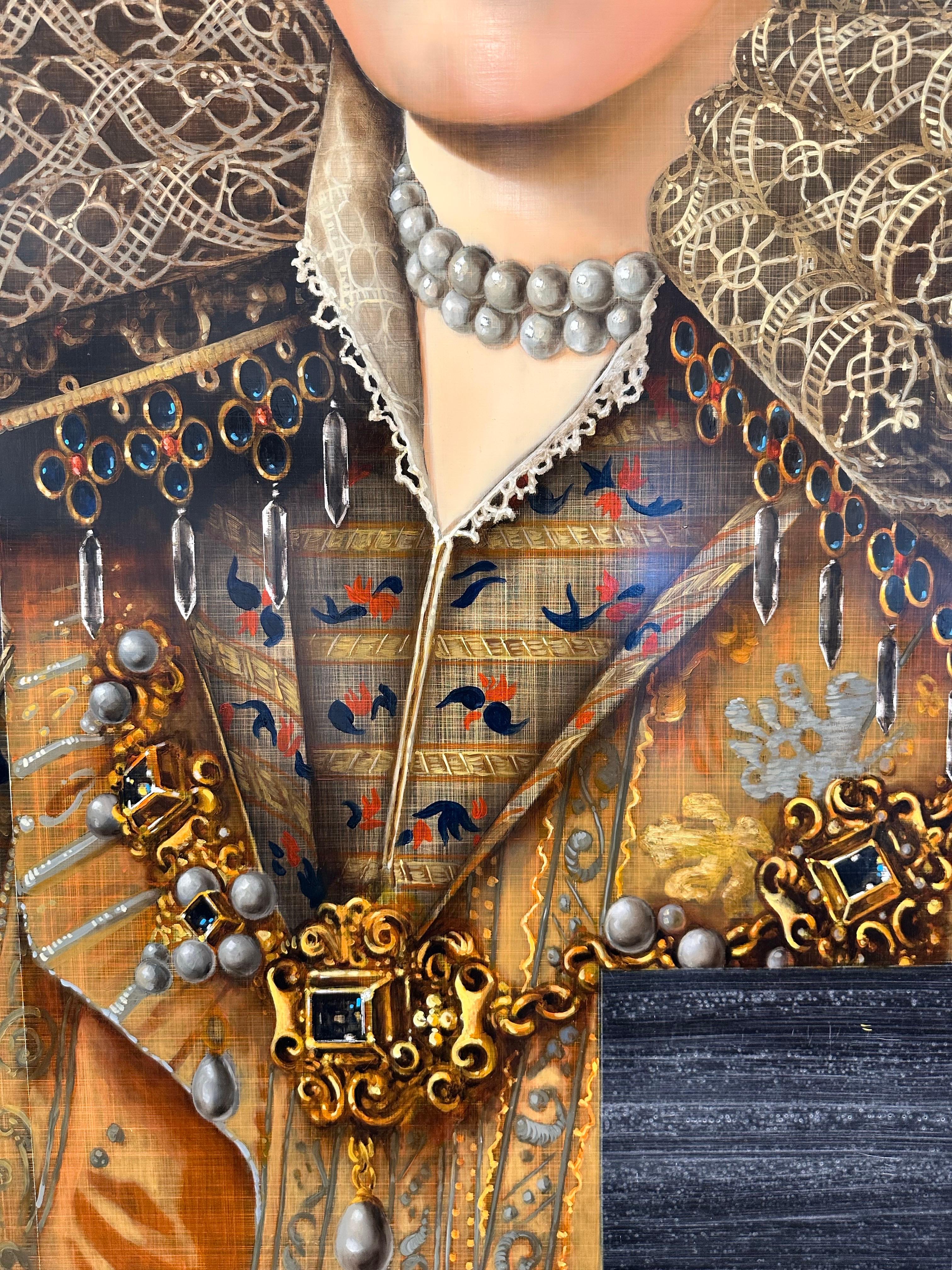Maria Gonzaga di Lorrain, ritratto in stile reale, olio contemporaneo su metallo in vendita 2