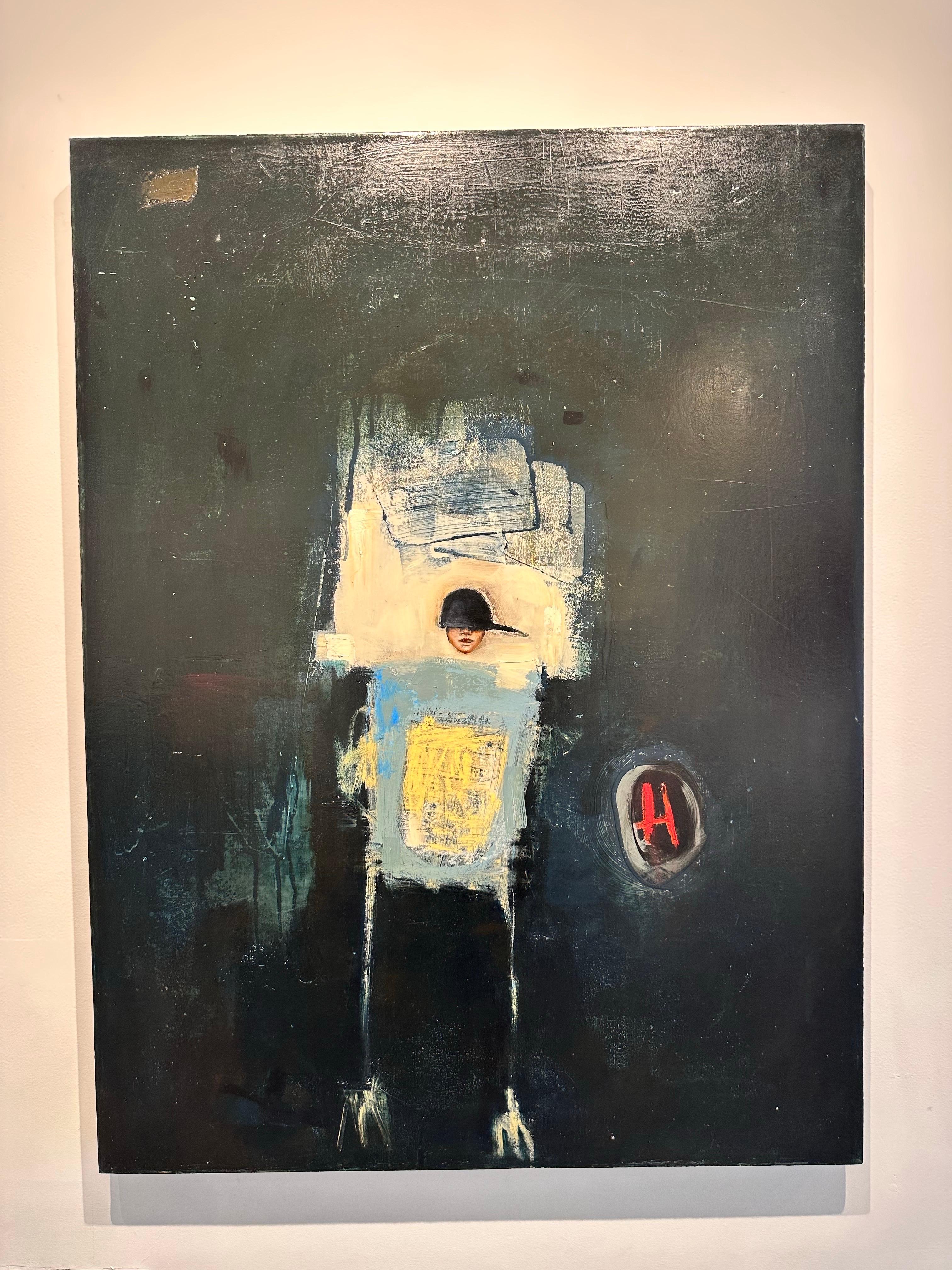 Kiefer, óleo sobre lienzo, composición figurativa abstracta con aires de arte callejero - Abstract Painting Negro de Michele Mikesell